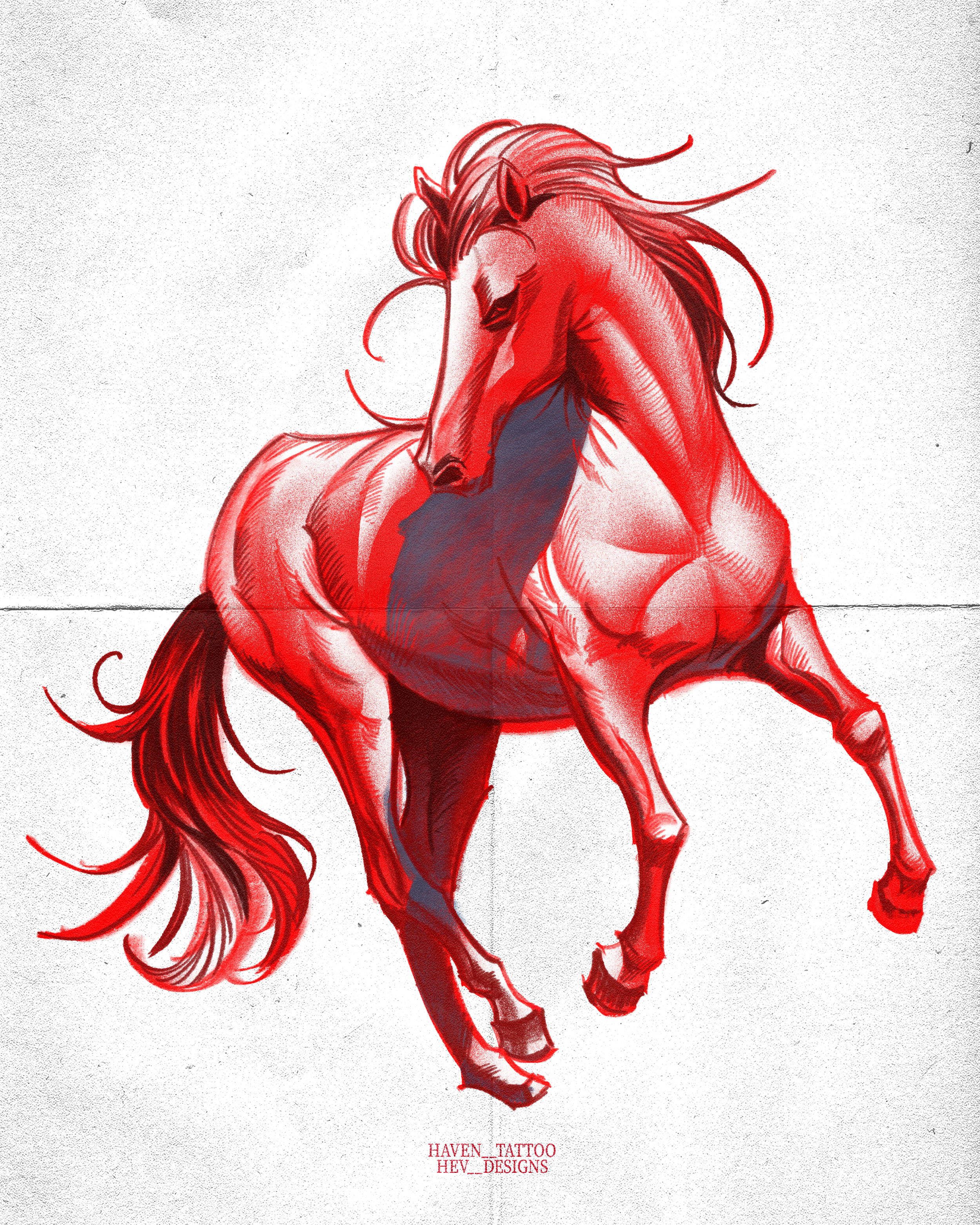 A red and black drawing of a rearing horse with a flowing mane and tail, set against a plain background.
