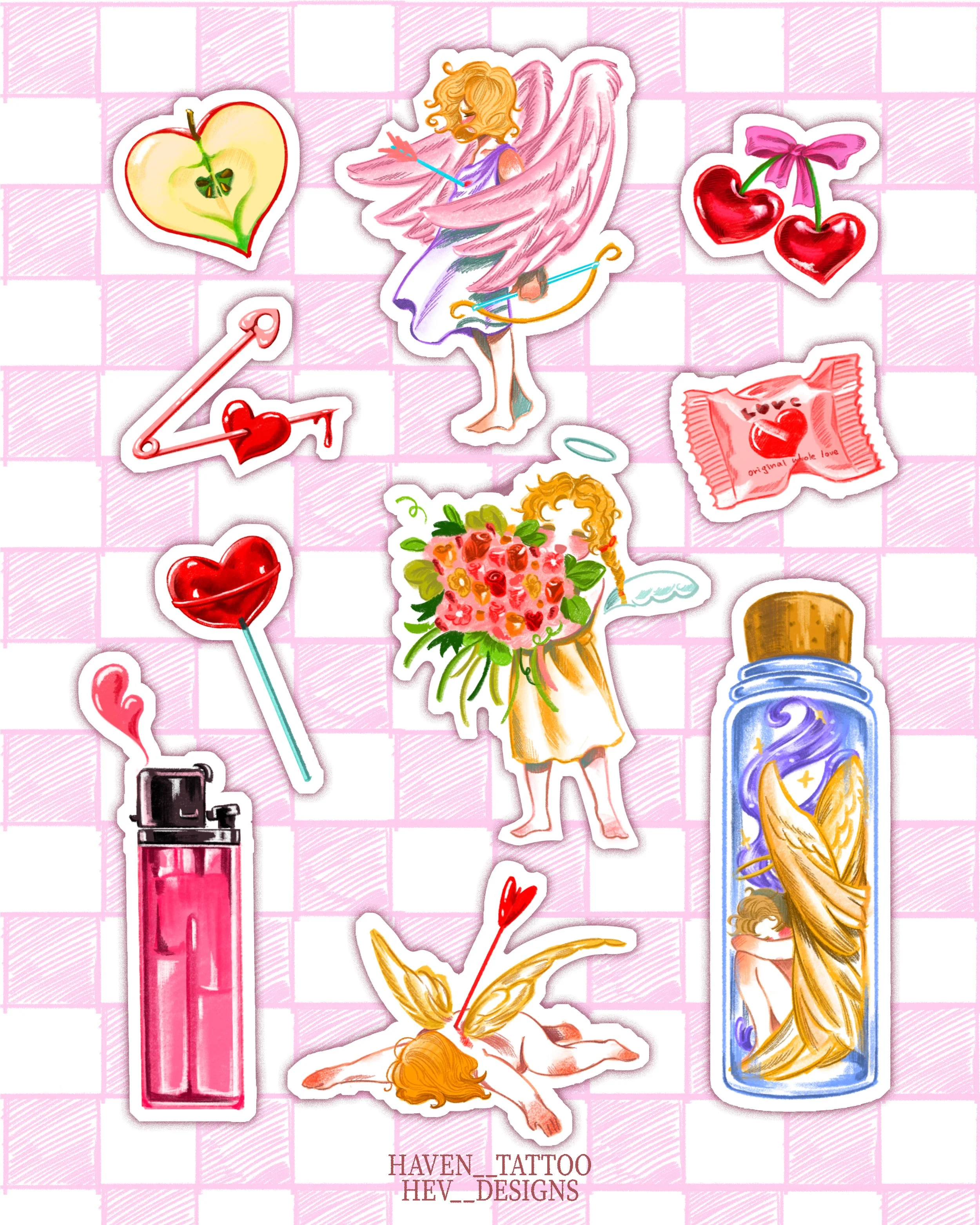 Collection of various Valentine-themed stickers including angels, hearts, flowers, a lipstick, a love note, and a small fairy girl, arranged on a pink checkered background.