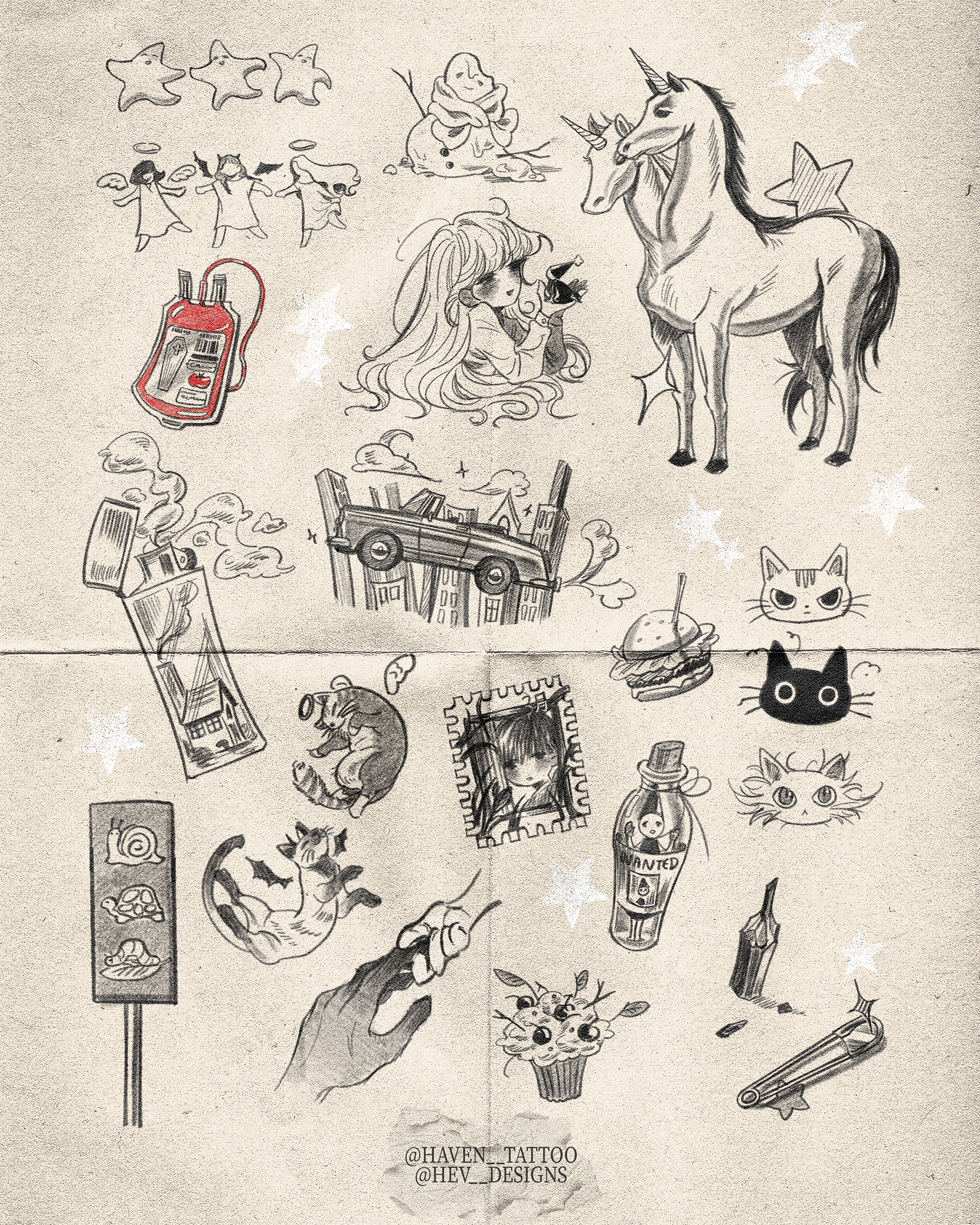 A collection of various tattoo sketches, including stars, angels, a unicorn, a girl with a cat, a pizza slice, a scrambled cityscape, a bear, a cat face, a wanted poster, a hand pointing, a cupcake with flowers, a rabbit, and a makeup palette, all il
