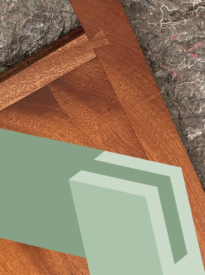 Ein stilisiertes, 3D geometrisches Design in Grün- und Grautönen auf einem Holzuntergrund