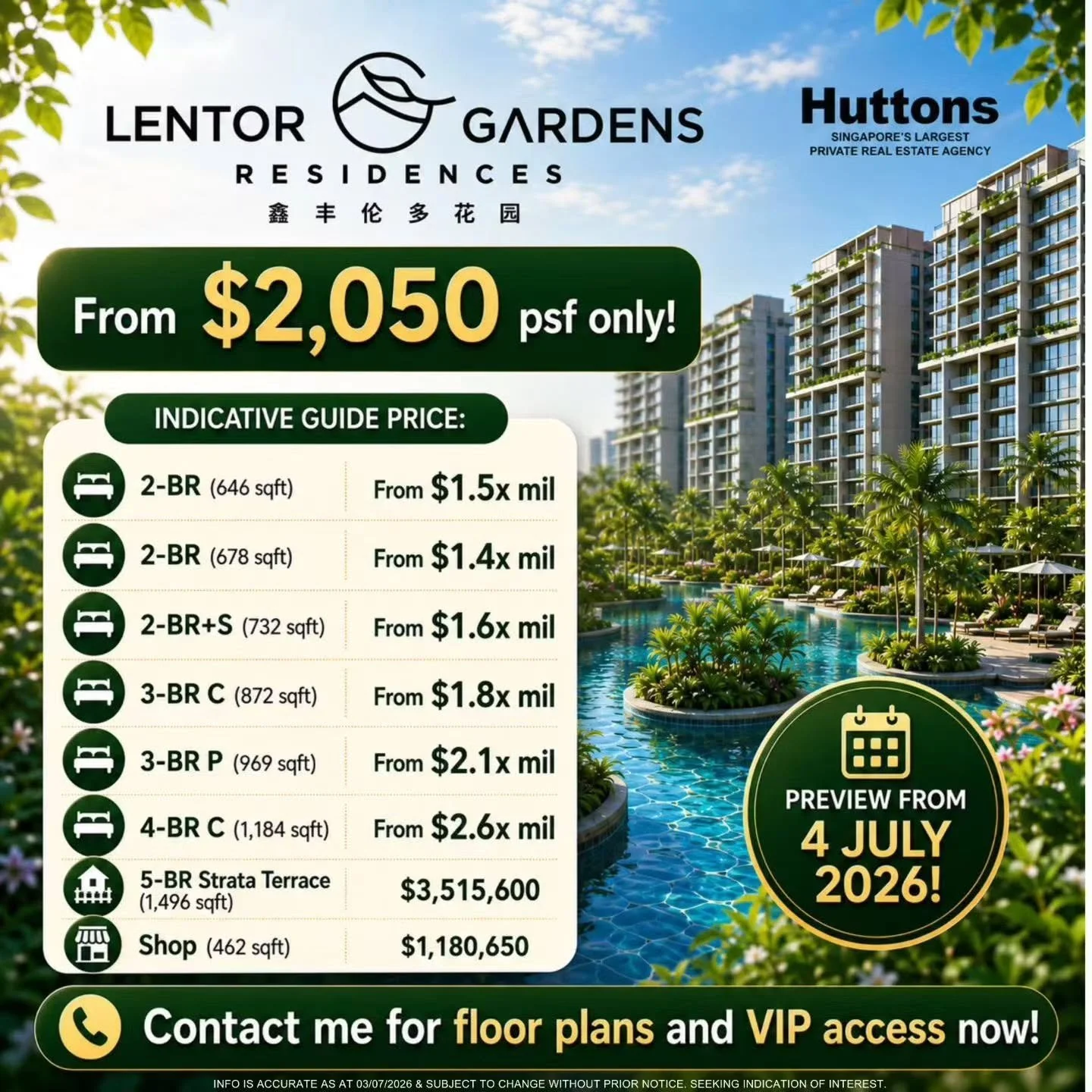 *🚨 Indicative Guide Price is OUT!*

*Indicative Guide Price:*
🏡 2-BR (646 sqft): From $1.5x mil
🏡 2-BR (678 sqft): From $1.4x mil
🏡 2-BR+S (732 sqft): From $1.6x mil
🏡 3-BR C (872 sqft): From $1.8x mil
🏡 3-BR P (969 sqft): From $2.1x mil
🏡 4-B
