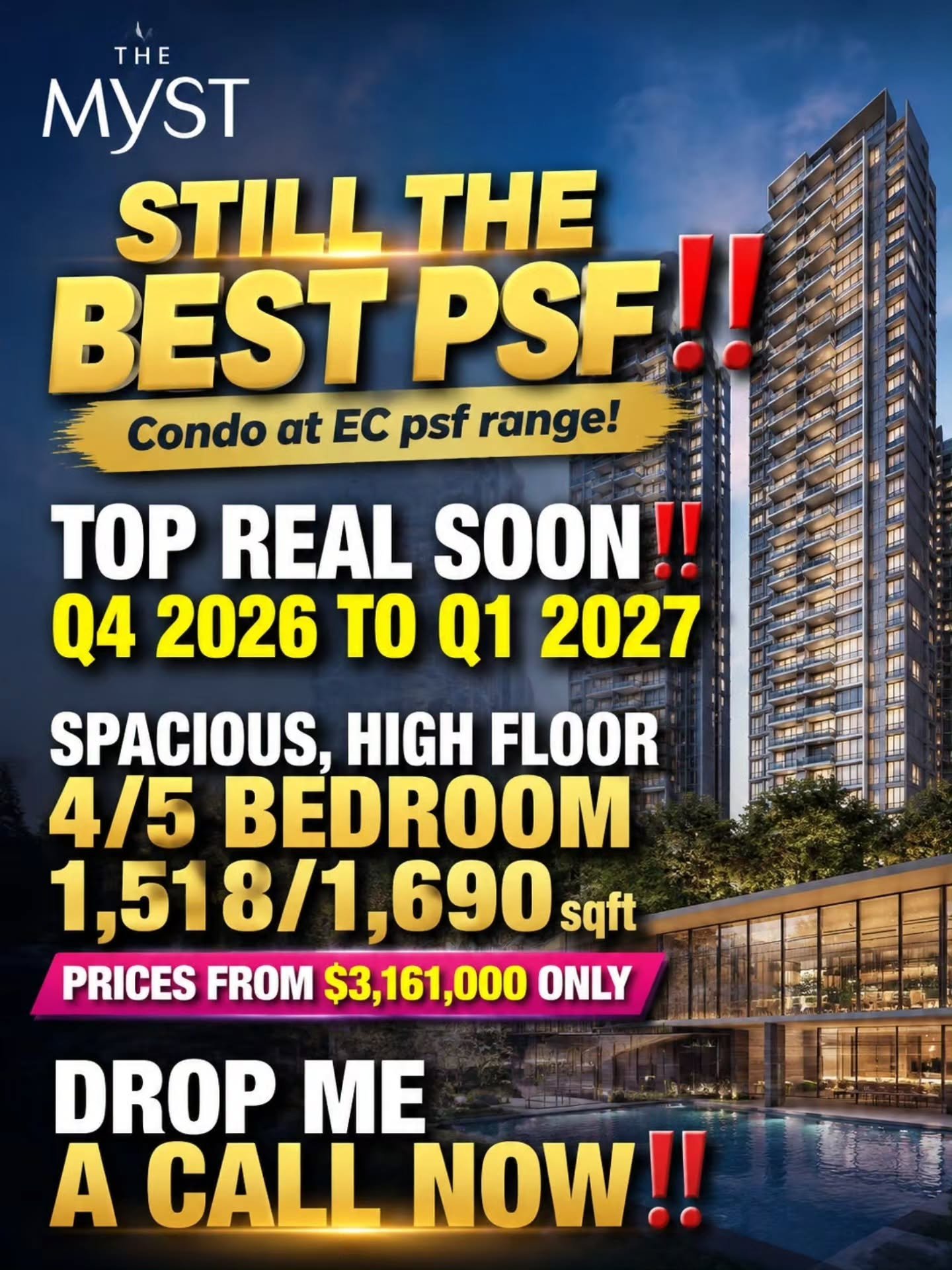 🚨🚨Last 14 units !! 

Luxury Condo units at EC prices !! 5 mins walking distance to Mrt !!!

DM for the latest Discounts!!!