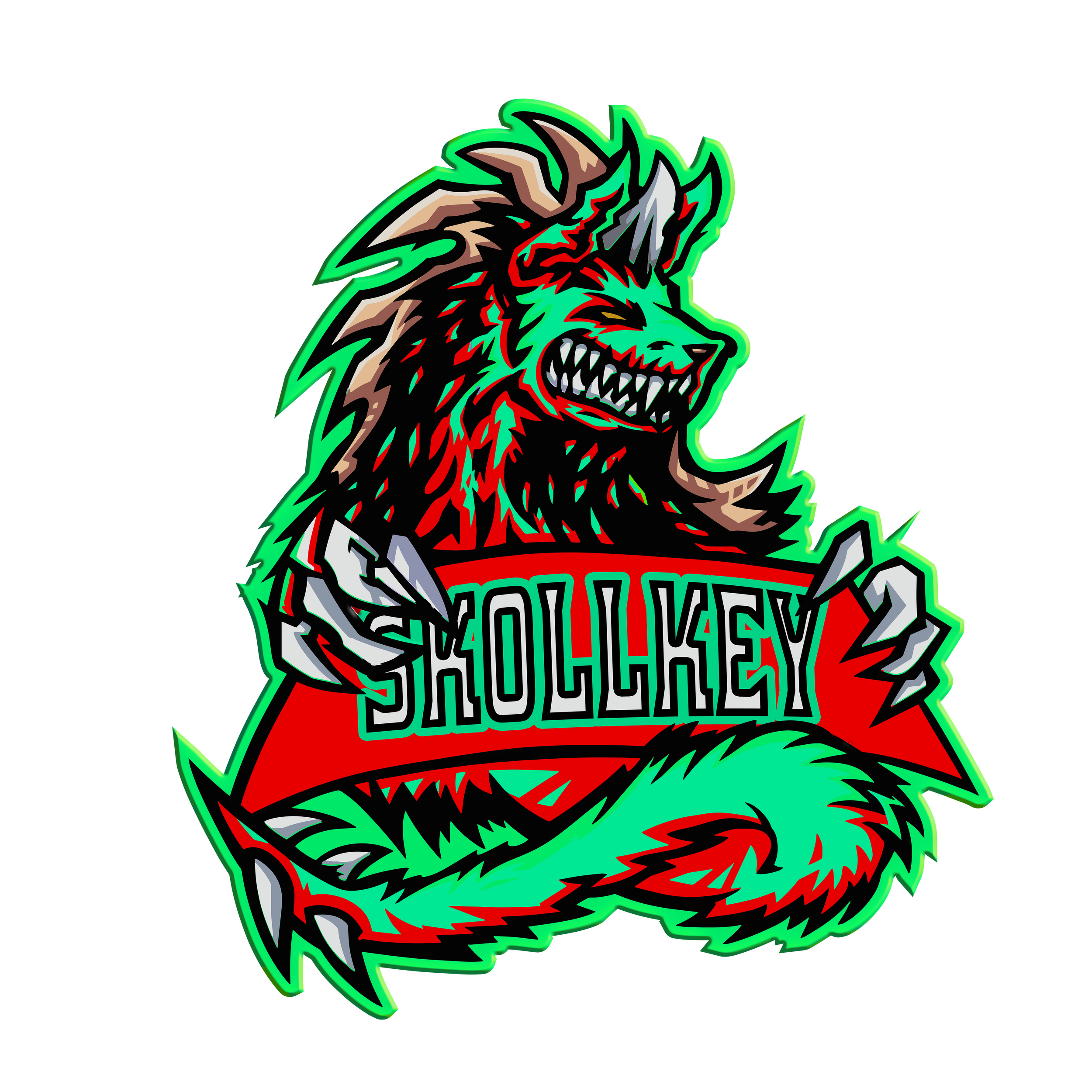 A colorful, fierce cartoon wolf mascot with sharp teeth holding a red banner that says 'SHOLLEY' in bold letters, surrounded by neon green and black outlines.
