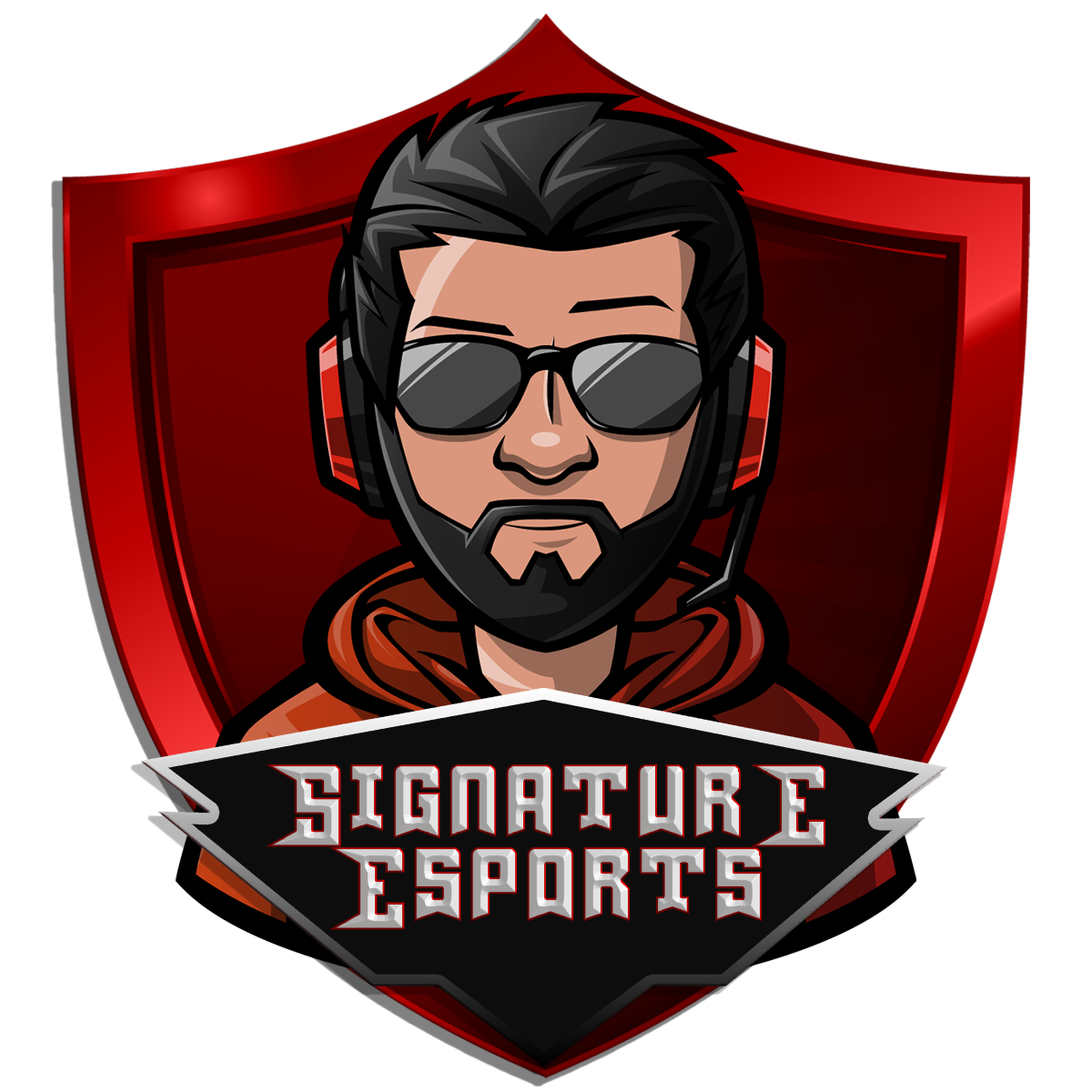 Logo featuring a cartoon avatar of a man with a beard, sunglasses, and headphones, set against a red shield background. The text reads 'SIGNORE ESPORTS' in stylized font.
