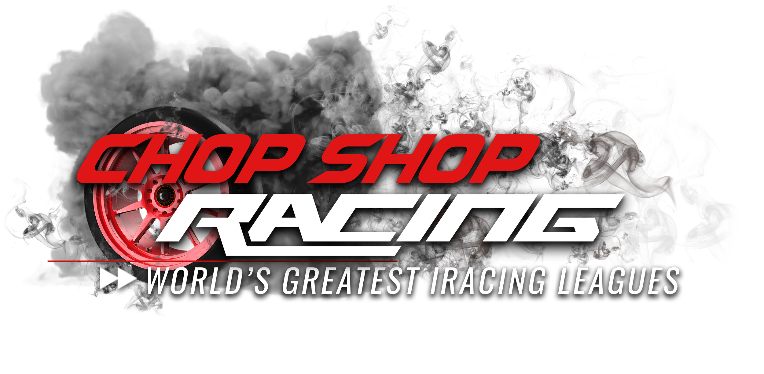 Logo for 'Shop Shop Racing' with a red racing wheel and smoke background, promoting 'World's Greatest Racing Leagues'.