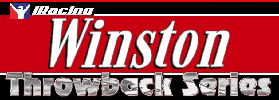 Logo for iRacing Winston Throwback Series, with a red background and stylized white and silver text.