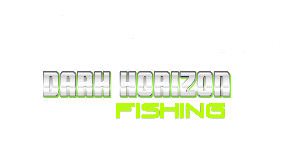 Logo for Dark Horizon Fishing featuring a white boat silhouette above the text 'DARK HORIZON' in silver, and 'FISHING' in bright green.