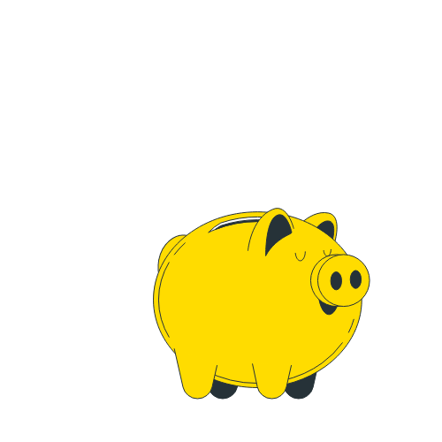 A cartoon illustration of a yellow piggy bank with black hooves and facial features.