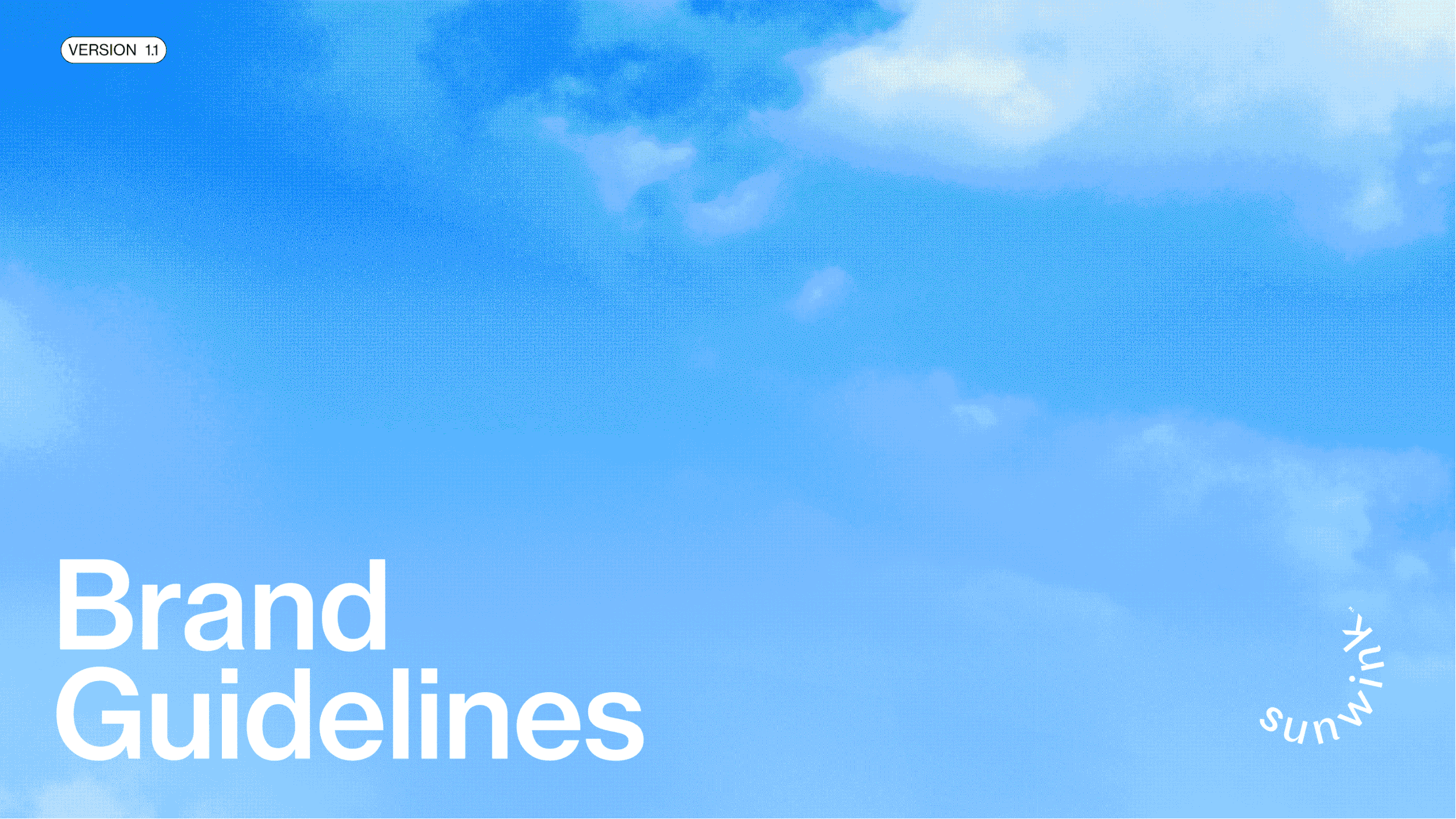 A sunny sky with clouds and the words "Brand Guidelines" in large white text on a blue background, with the word "Sunwink" in a curved pattern.
