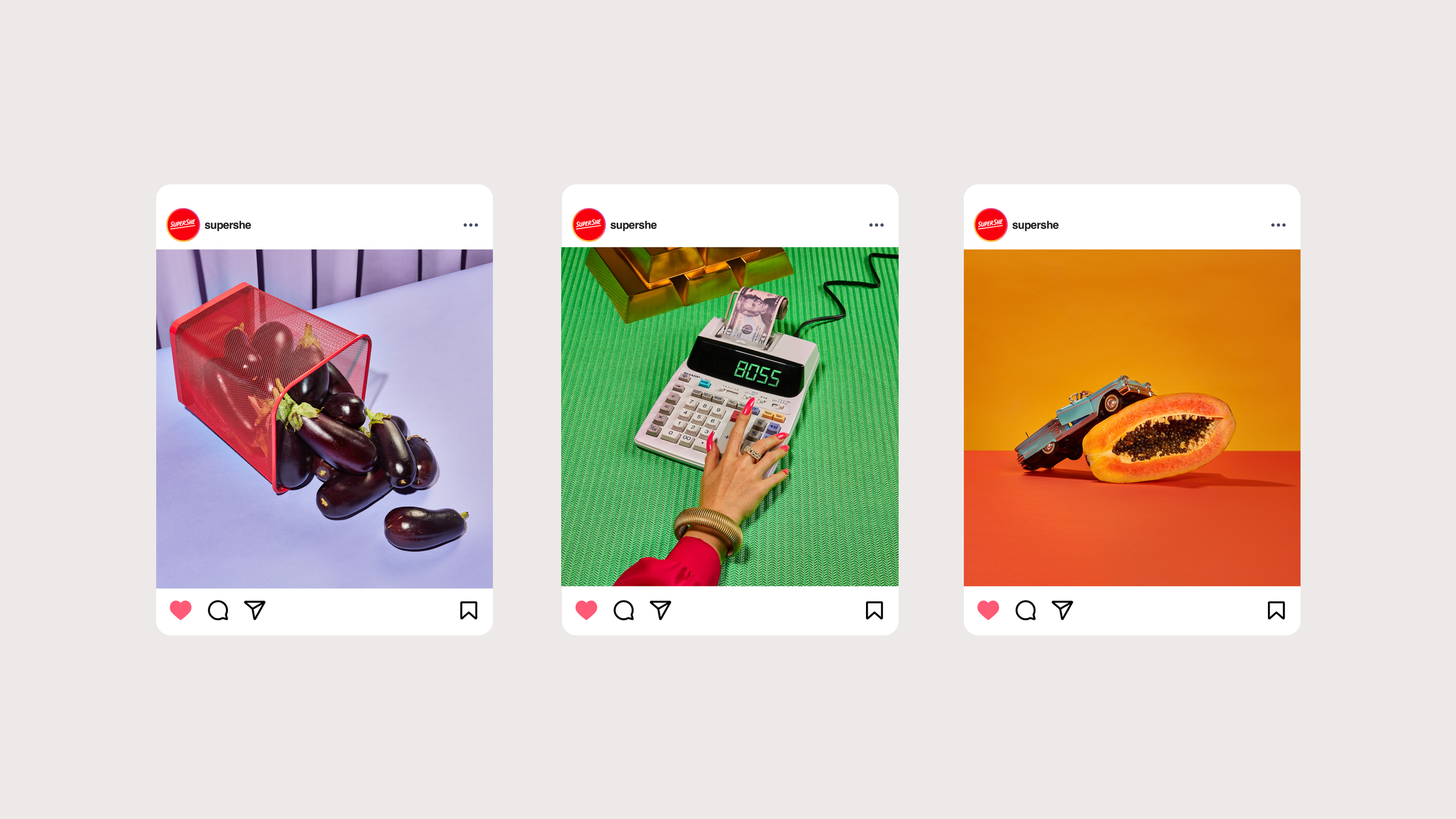 Three Instagram-style images featuring vibrant objects. The first shows a red mesh bin spilling eggplants onto a lavender surface. The second depicts a green background with a calculator, dollar bill, and a woman's hand with pink nails pressing buttons, with a gold box nearby. The third displays a halved papaya with black seeds and a small toy blue vintage car on top of it against an orange background.