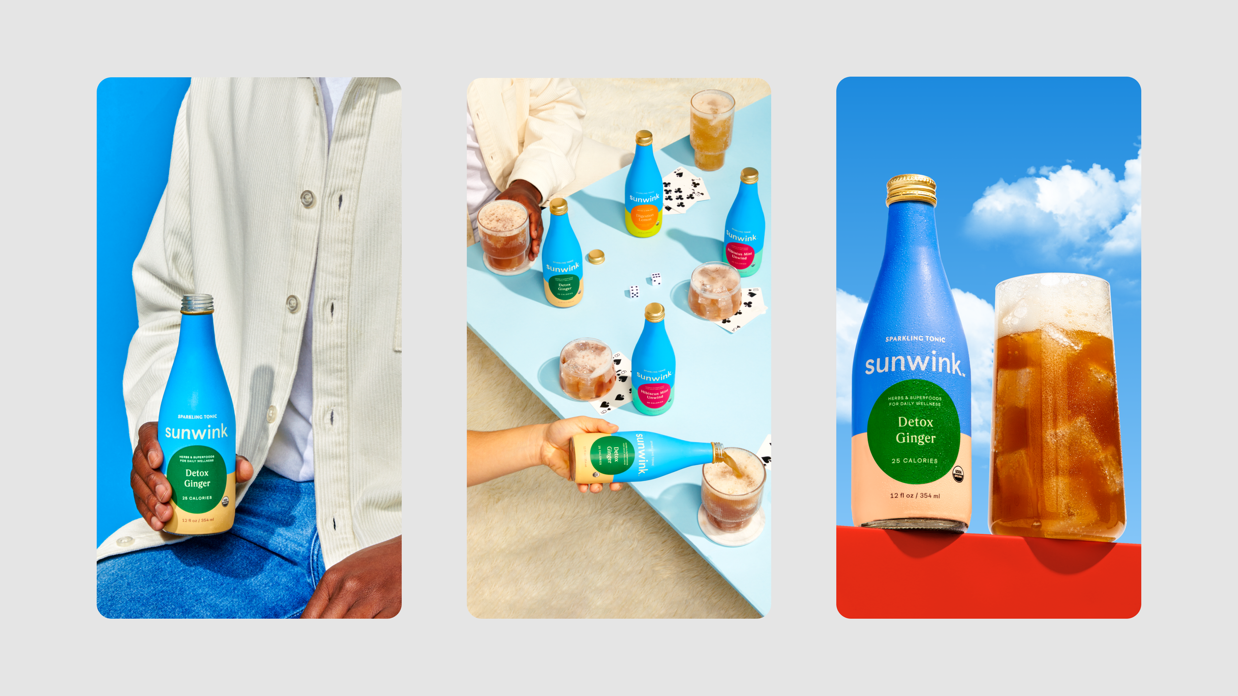 A collage of three images featuring Sunwink Detox Ginger sparkling tonic. The first image shows a person holding a bottle of Sunwink Detox Ginger. The second image displays a person pouring Sunwink Detox Ginger into a glass on a table alongside other bottles, playing cards, and dice. The third image is a close-up of a bottle of Sunwink Detox Ginger next to a glass of iced drink against a blue sky with clouds.