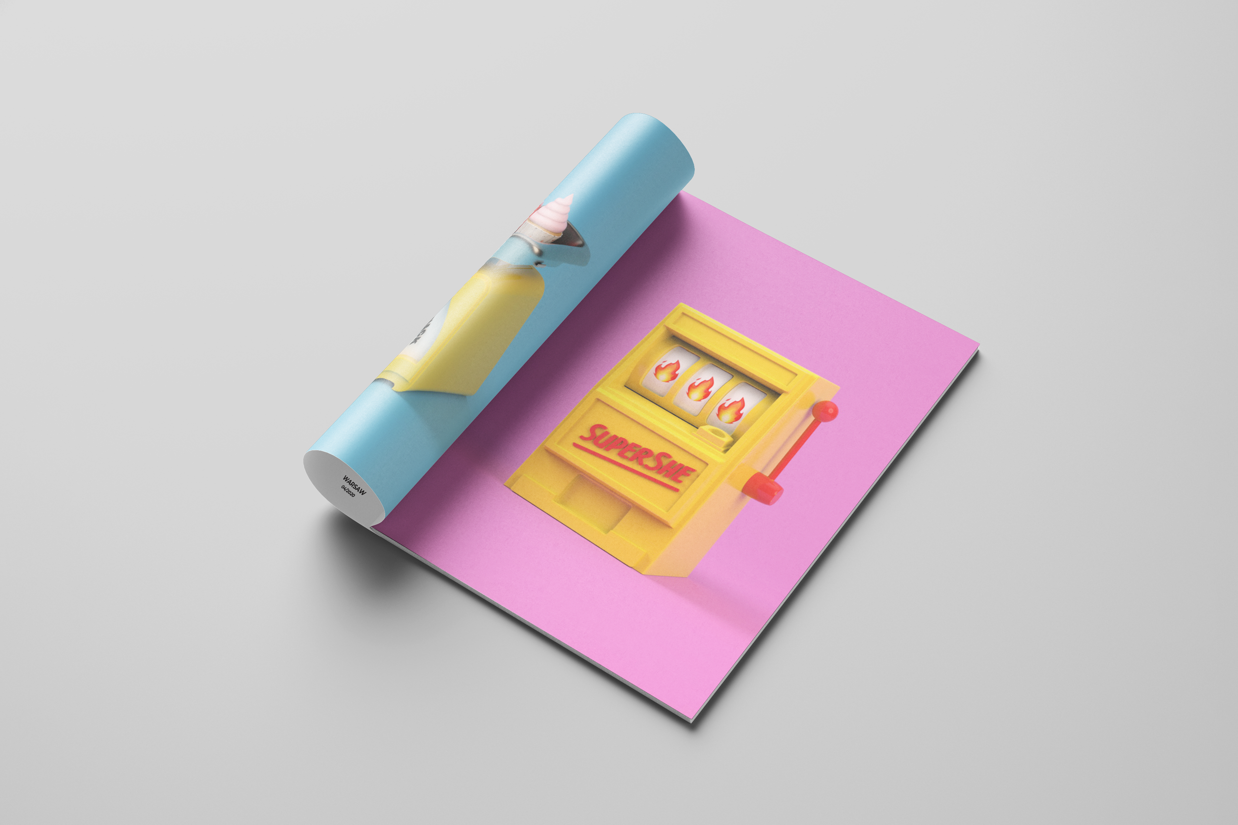 A magazine open to a page with a photo of a yellow slot machine labeled 'SuperSHE' on a pink background.