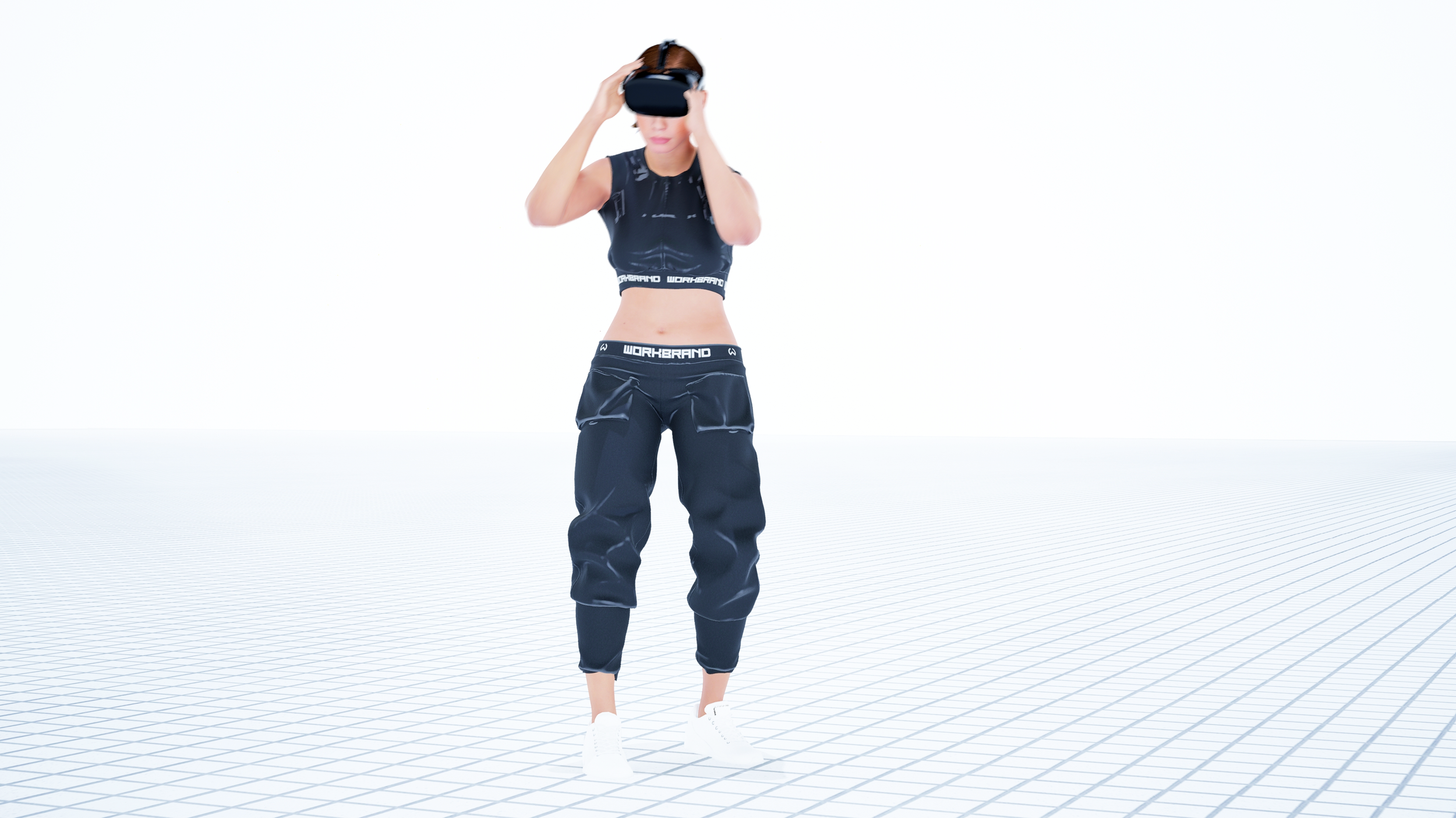 Woman wearing a sporty tank top and joggers, holding a virtual reality headset on her head, standing on a grid-patterned floor with a plain white background.