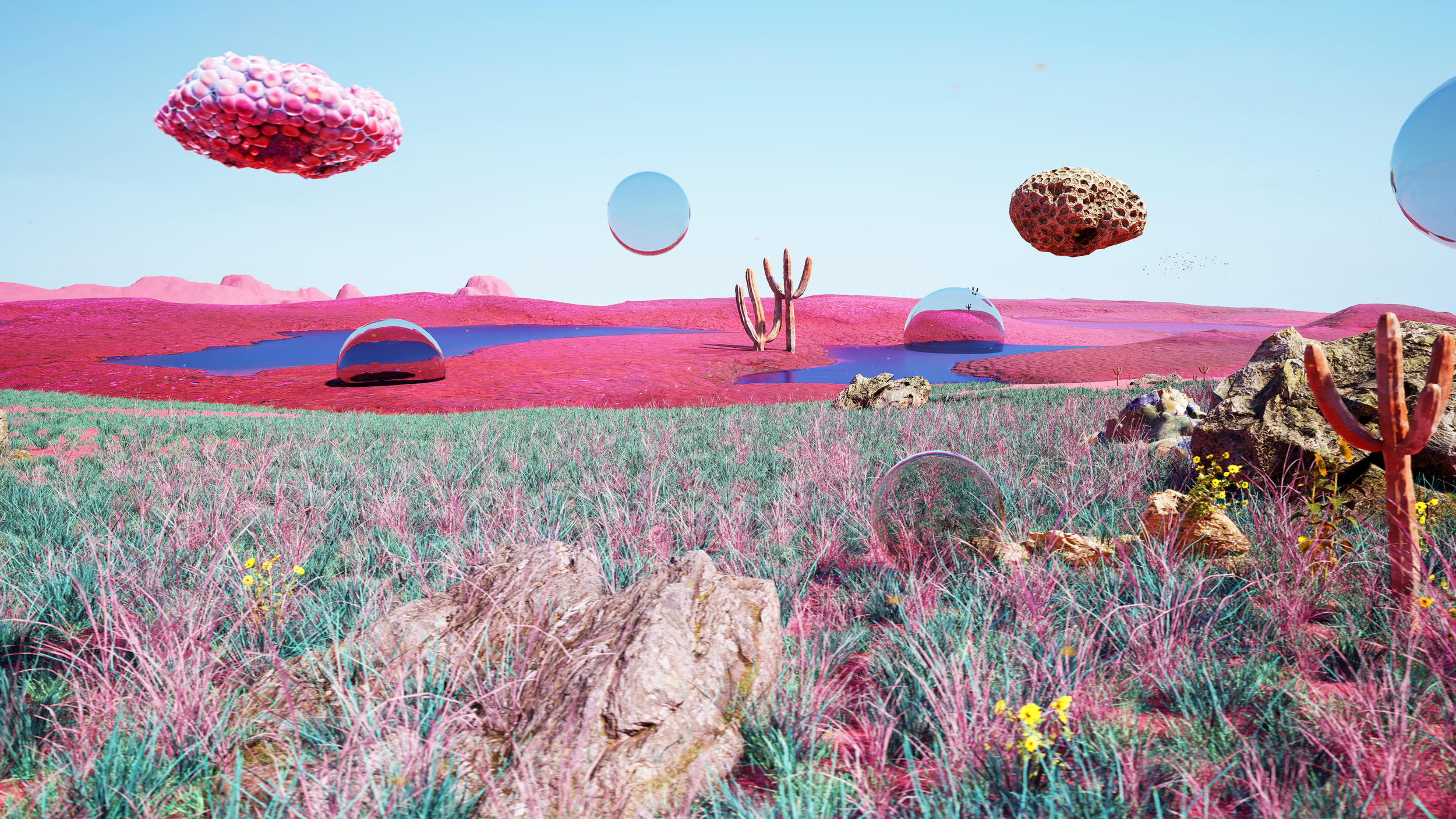 A surreal landscape with pink grass, rocks, and cacti, pink and blue floating rocks and spheres, a pink pond or lake, and a clear blue sky.