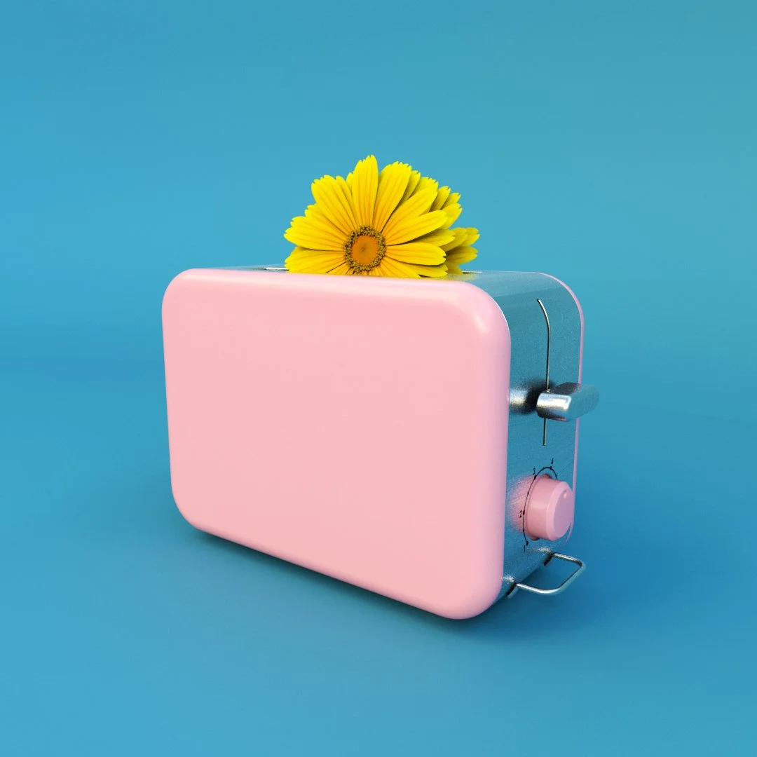 A pink toaster with a yellow flower on top against a blue background