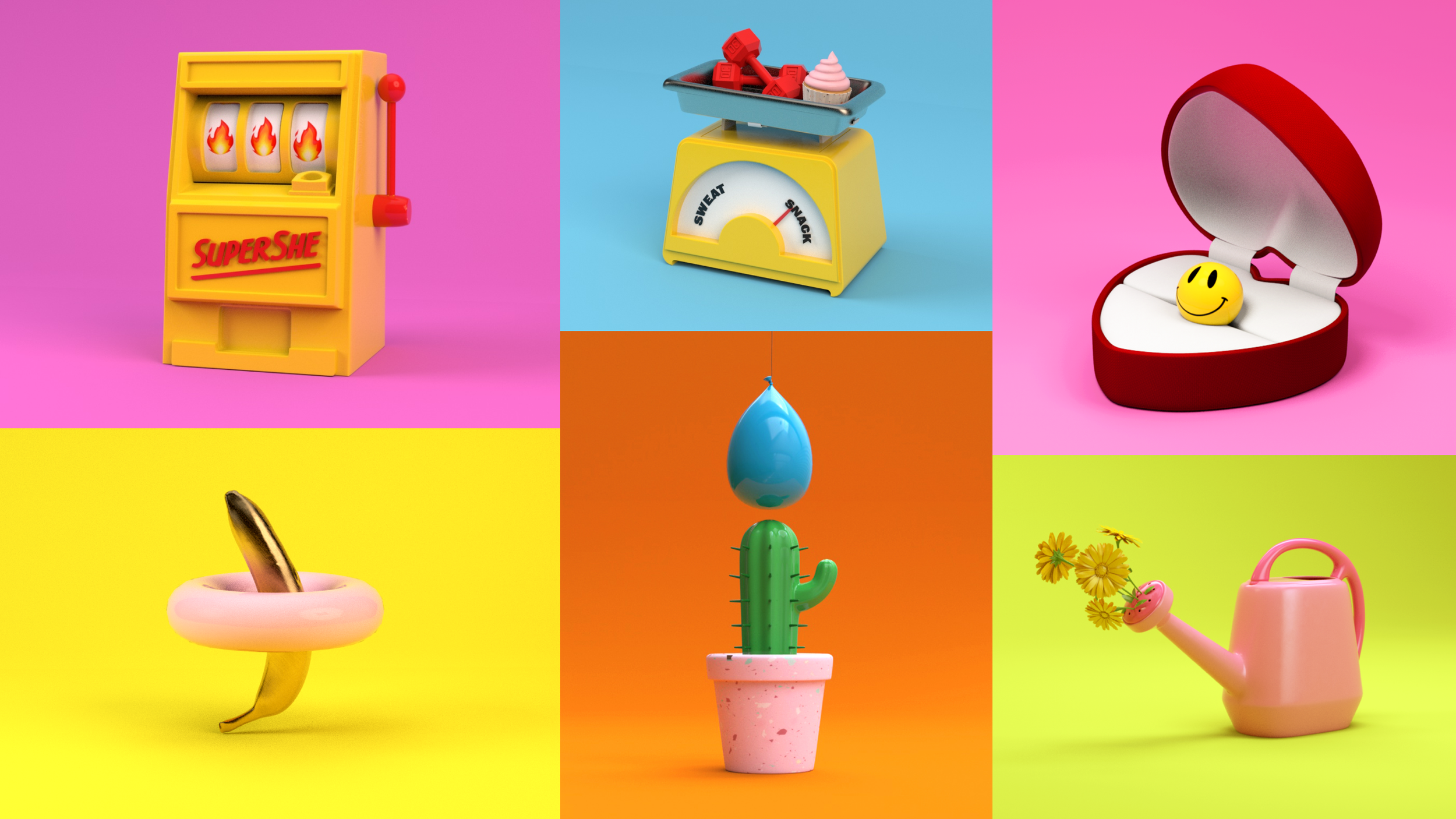 A collage of six colorful objects against bright backgrounds: a toy slot machine labeled 'SuperSHE' with flames on the reels, a kitchen scale with a tray of red cubes and pink soft serve ice cream, an open heart-shaped jewelry box with a smiley face ball, a banana with a pink ring around it, a green cactus with a blue water droplet hanging above, and a pink watering can with yellow flowers.