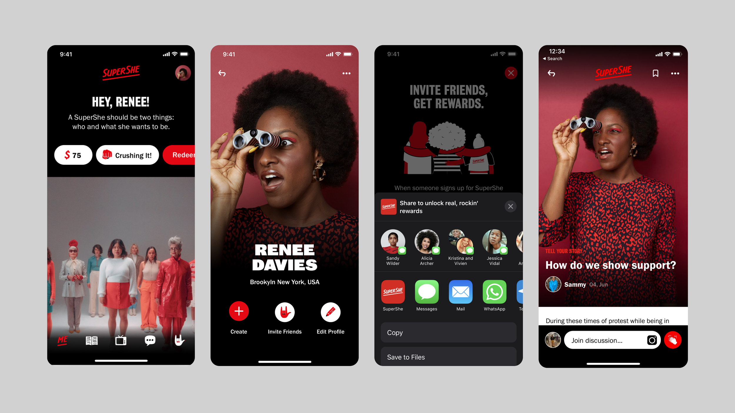 Screenshots of a mobile app interface called SuperShe, showing a profile page of a woman named Renee Davies with curly hair, wearing a red and black patterned top, using binoculars, and a page about supporting during protests.