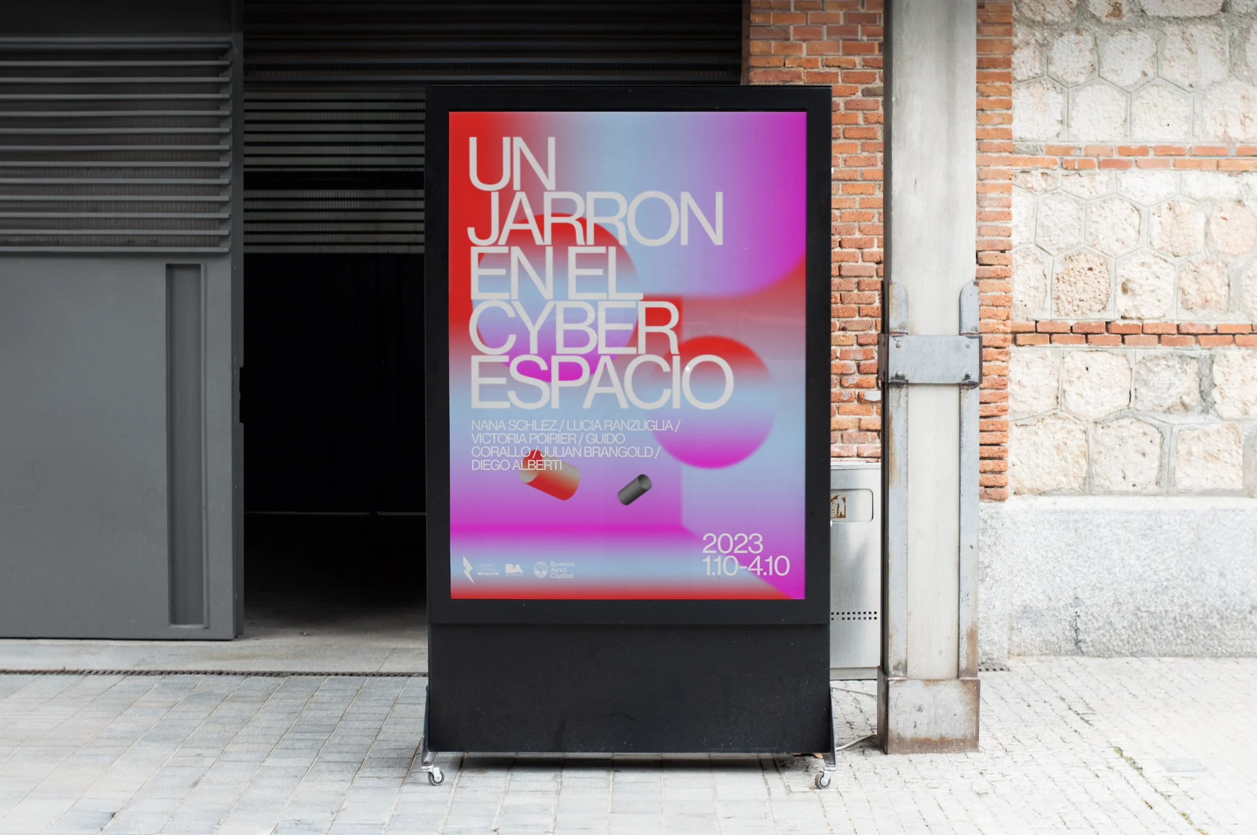 Advertising poster for an event titled 'Un Jarron en el Cyber Espacio' with a colorful digital design, featuring abstract shapes and pills, scheduled from January 10 to April 10, 2023, in Buenos Aires.