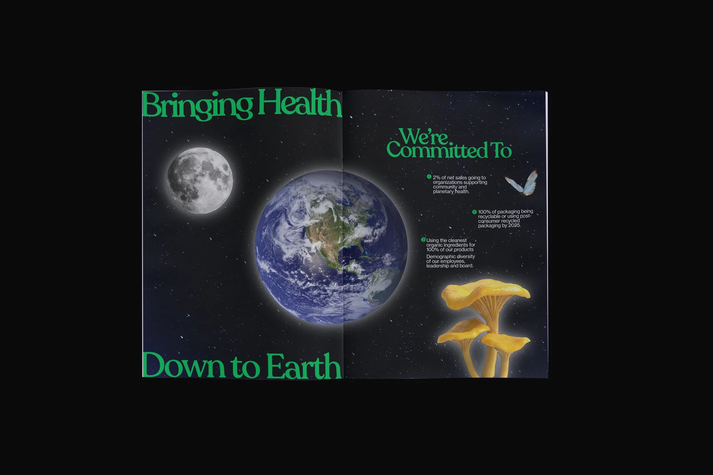A magazine spread showing Earth in space with the moon nearby, a butterfly, and yellow mushrooms. The text discusses commitments to health and sustainability, including environmental and consumer health initiatives.