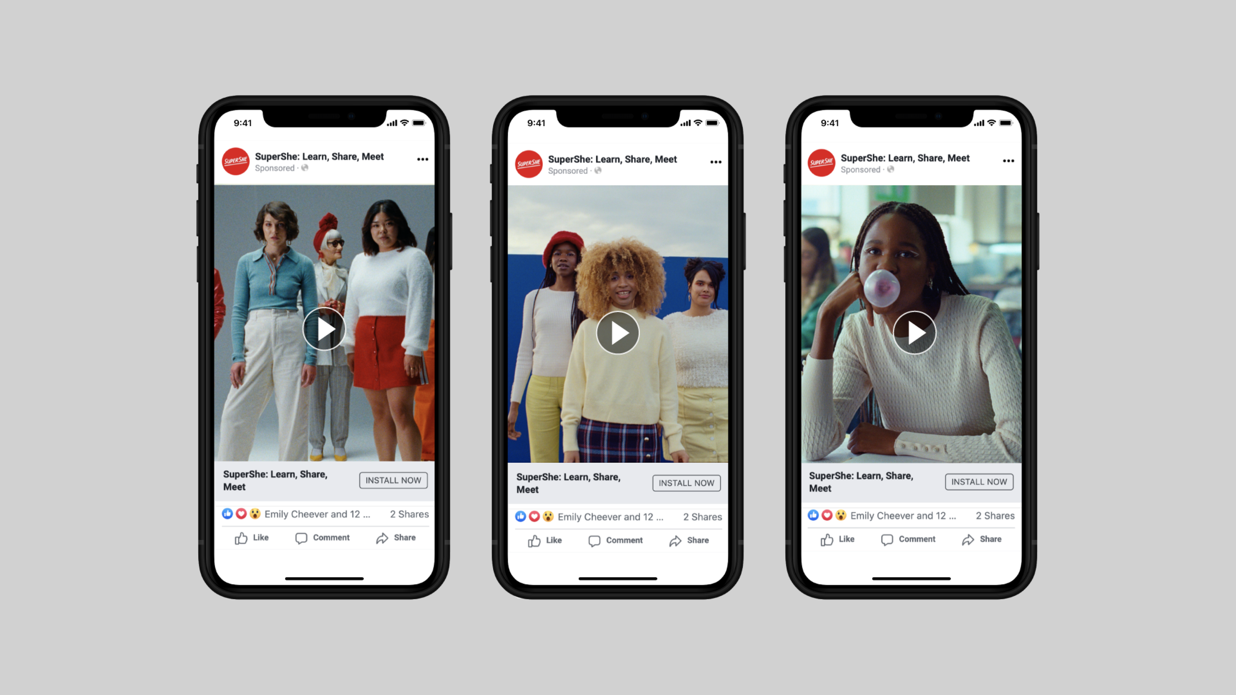 Three smartphones displaying videos of diverse women in fashionable outfits, set against neutral backgrounds, with play buttons in the center and social media interface elements at the bottom.