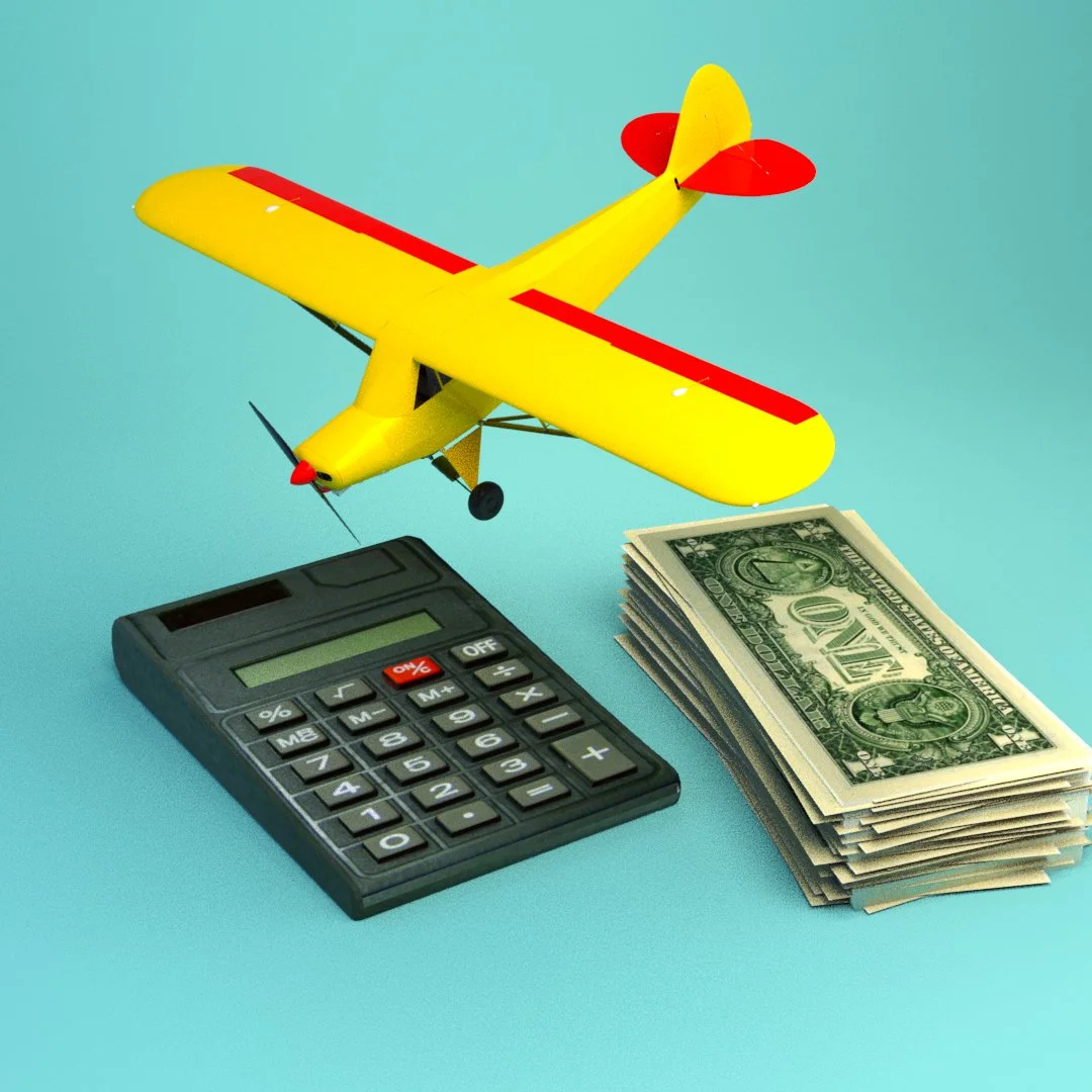 A model airplane flying above a calculator and a stack of U.S. dollar bills on a light blue background.