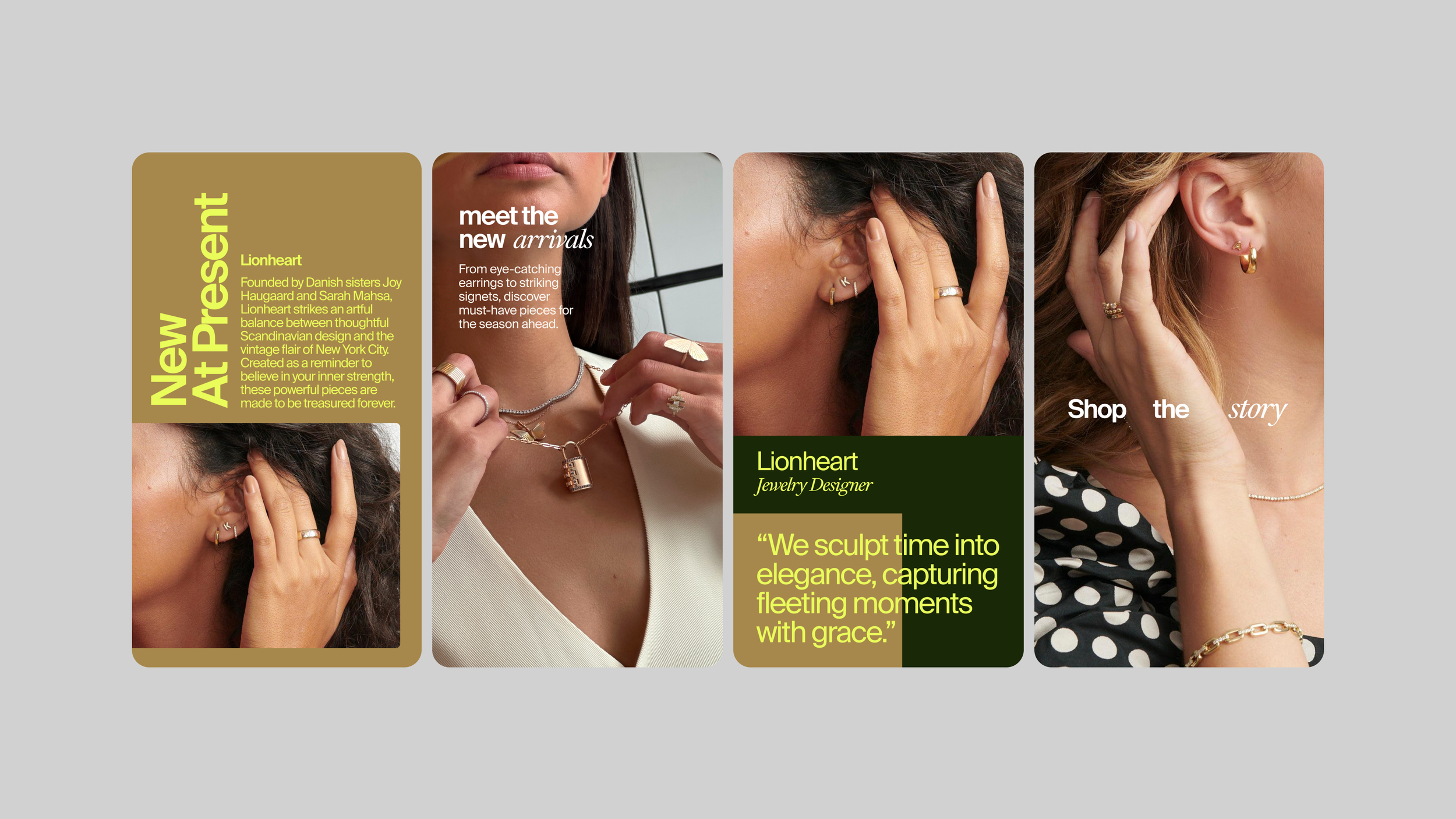 A promotional graphic featuring jewelry, including earrings, necklaces, and rings, with women modeling the jewelry and text about Lionheart jewelry design and new arrivals.