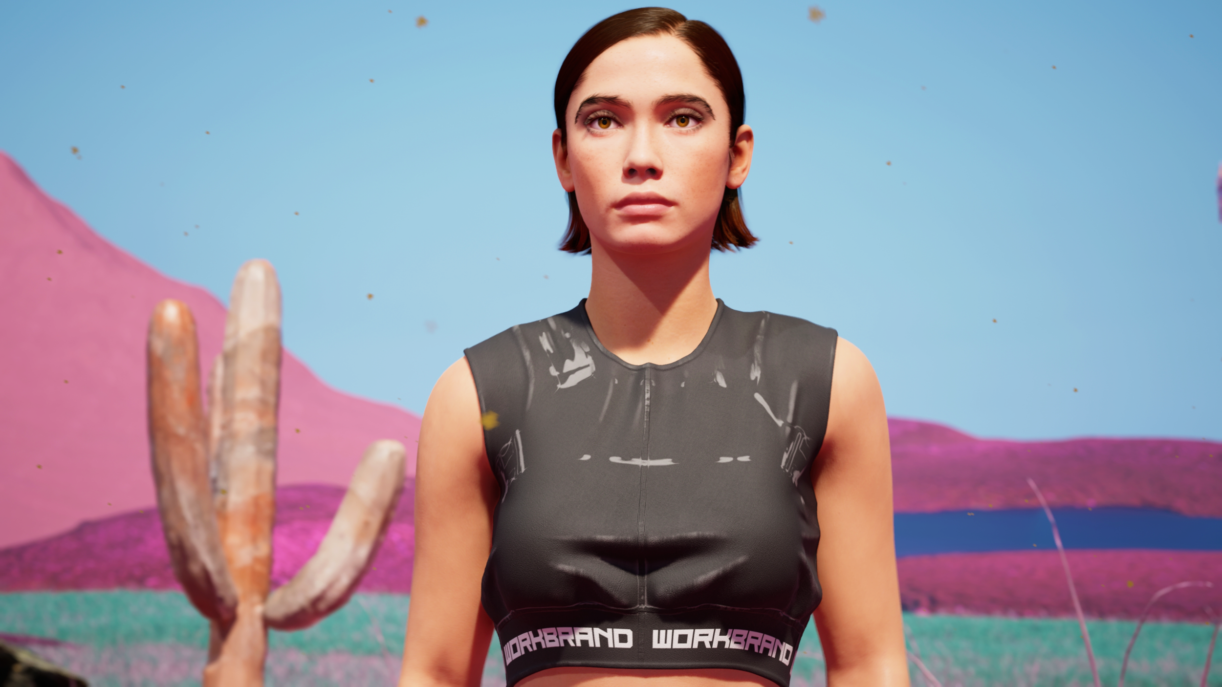 A young woman in a black athletic top standing outdoors with a desert landscape featuring pink sand dunes, a blue sky, and a cactus nearby.