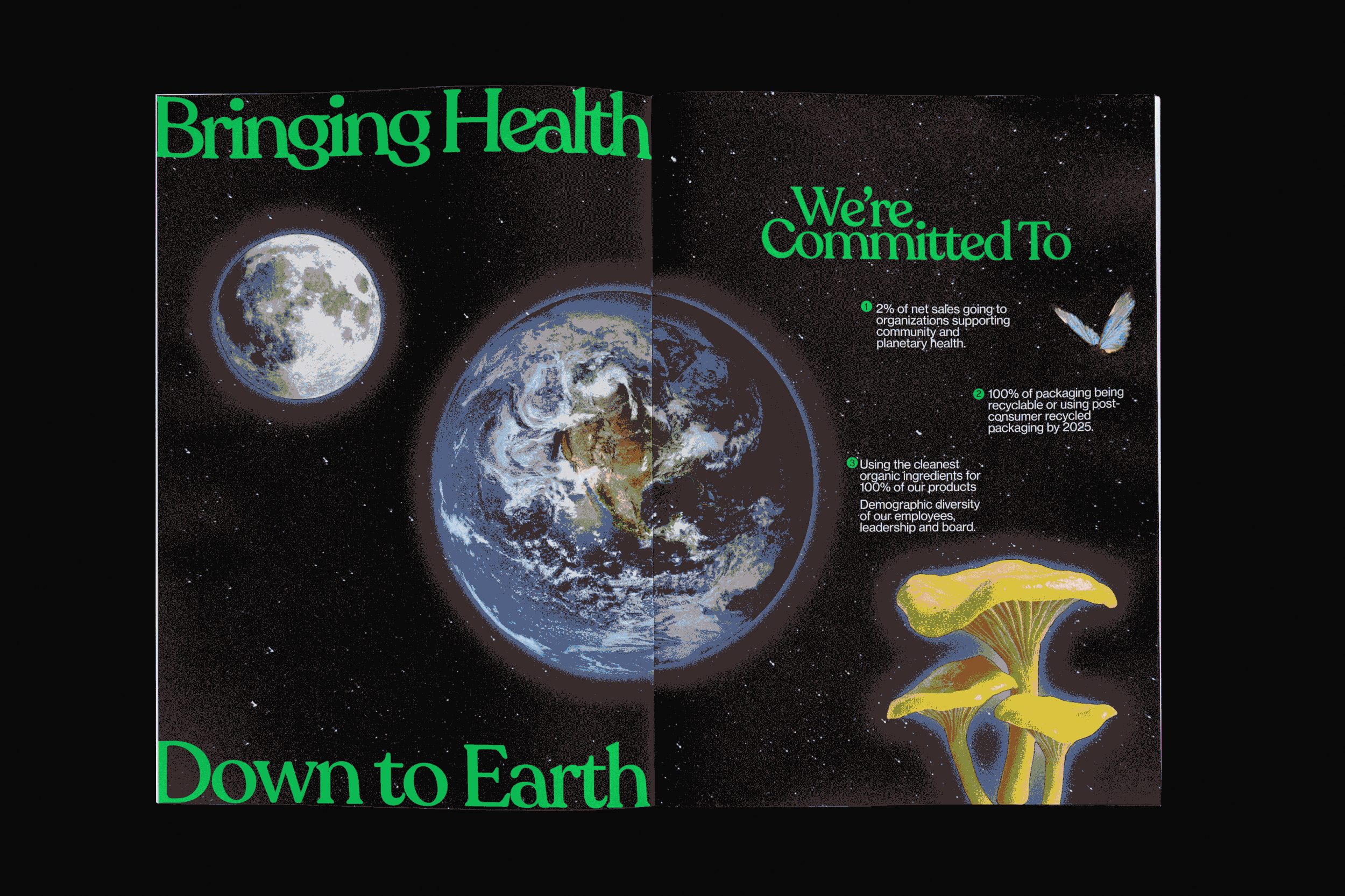 An open book with space-themed pages showing images of Earth, moon, stars, and mushrooms, with green and white text about environmental commitments and sustainability goals.