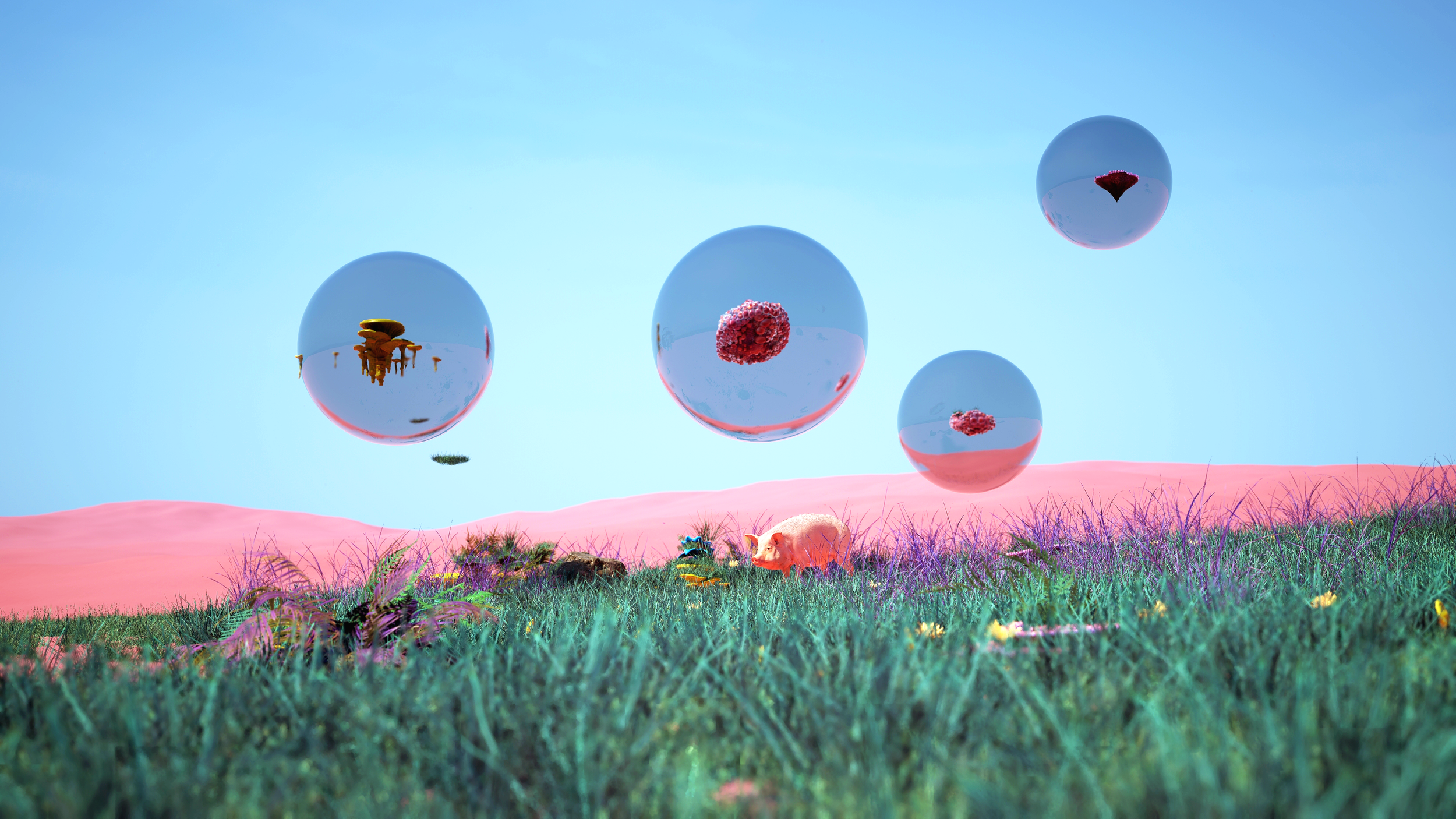 Colorful surreal landscape with floating glass spheres containing various objects, green grass and pink hills in the background, a pig grazing on the grass, and a bright blue sky.