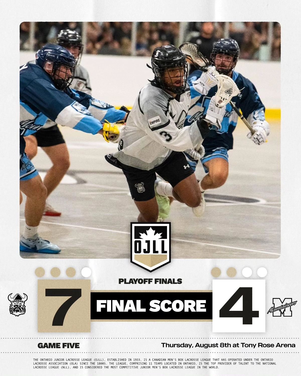 Orangeville Northmen defeat Mimico Mountaineers 7-4 and go ahead in the series.

#OJLL