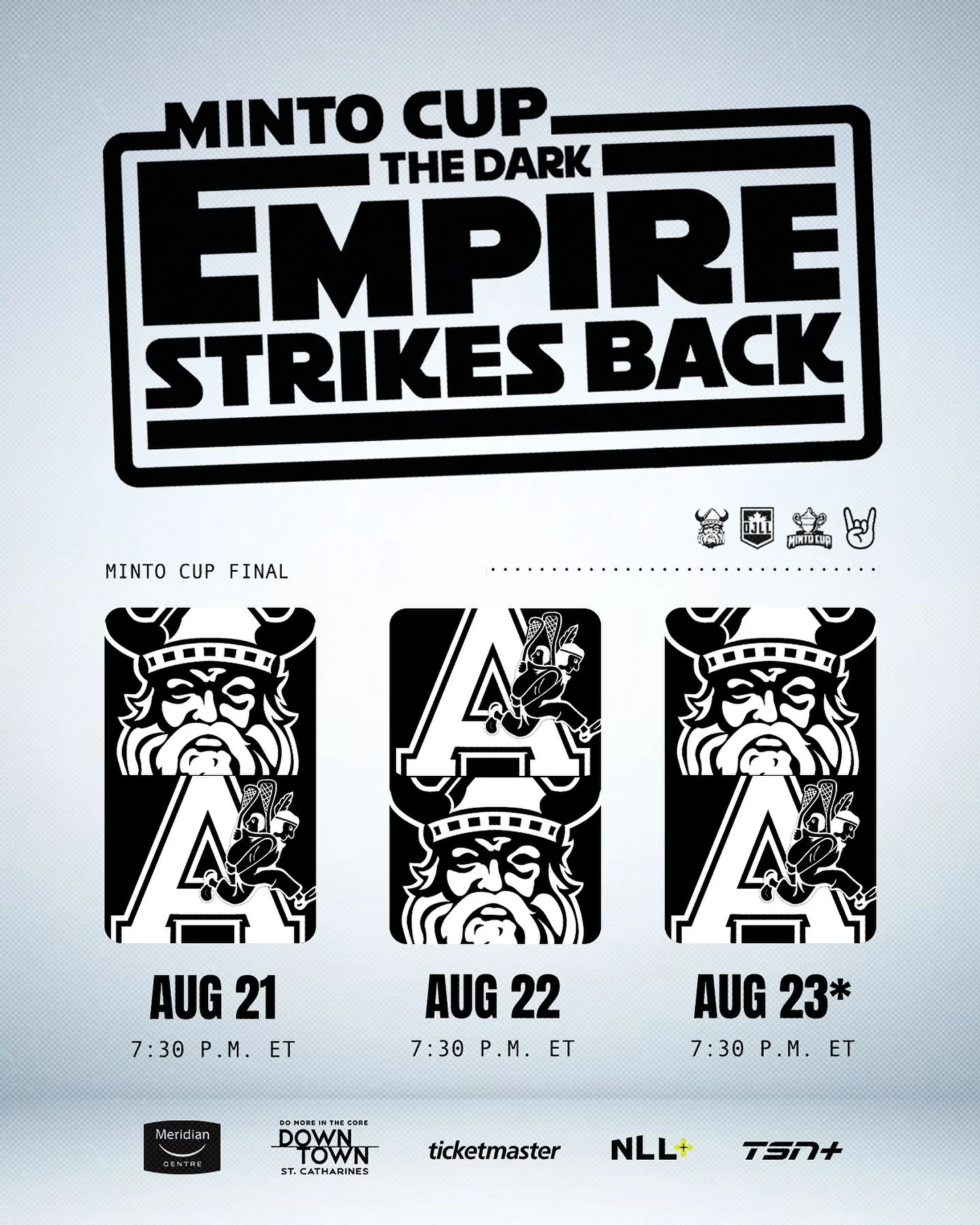 Darkness Falls August 21 🤘

The best Junior A lacrosse teams in the country go head-to-head for one of the oldest and hardest trophies to win in Canadian sport &mdash; The Minto Cup. 

A best-of-three showdown for national supremacy, right here in S