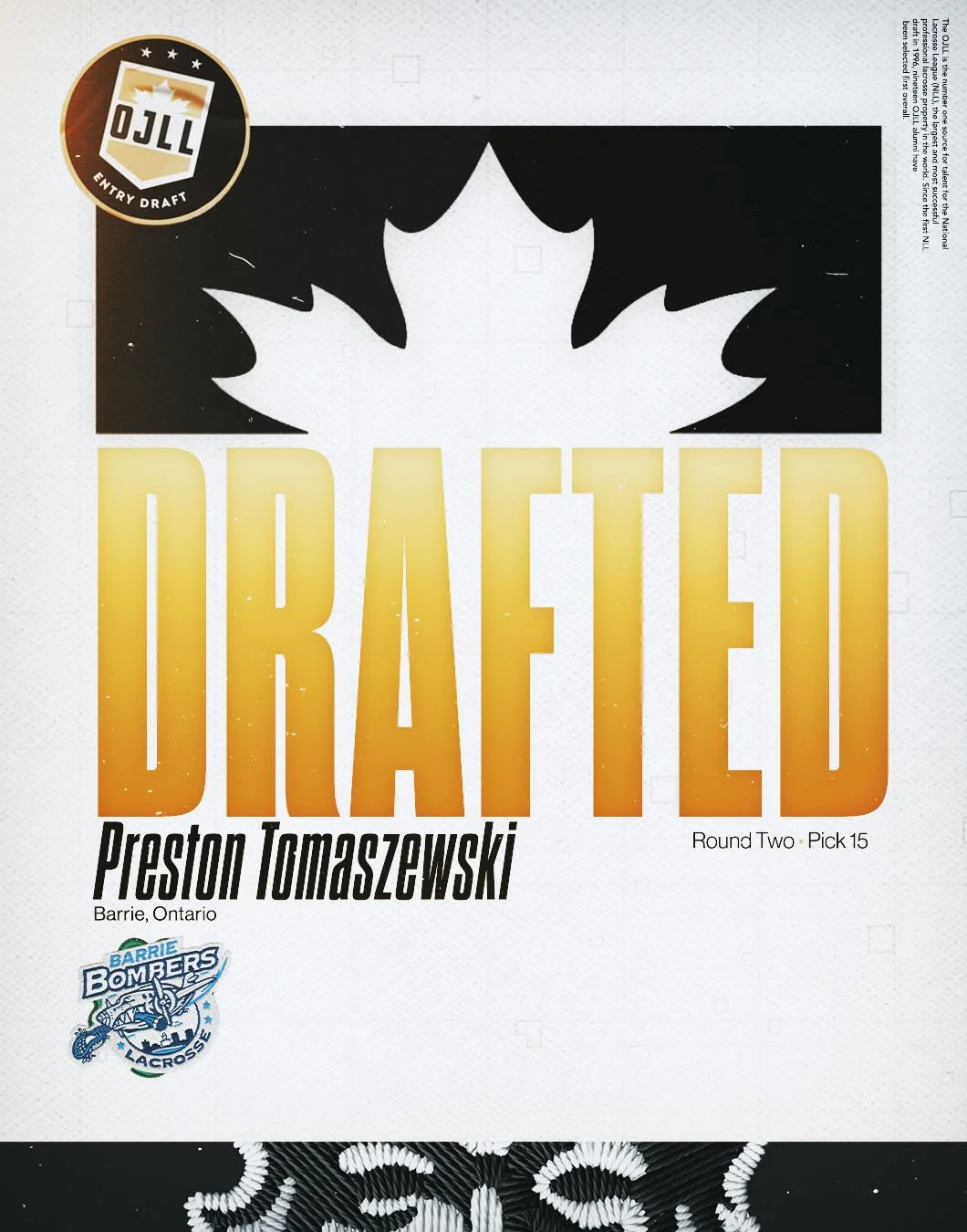 With the 15th Overall Pick in the 2026 OJLL Draft, the @jranorthmen select Preston Tomaszewski from @barrieminorlacrosse
