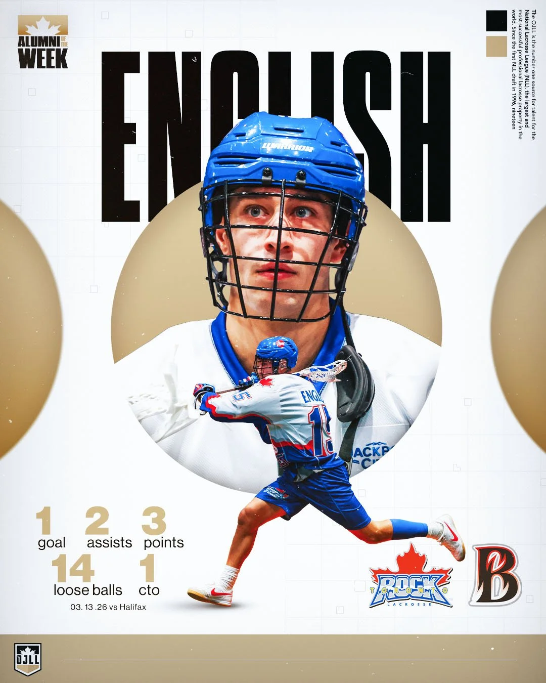 Our Alumni of the Week for Week 16 in the NLL is @sam.laker15  of  @thetorontorock 

The @@burlingtonjralax  grad ran wild on the East Coast last weekend, filling the stat sheet while helping his team to a big road victory