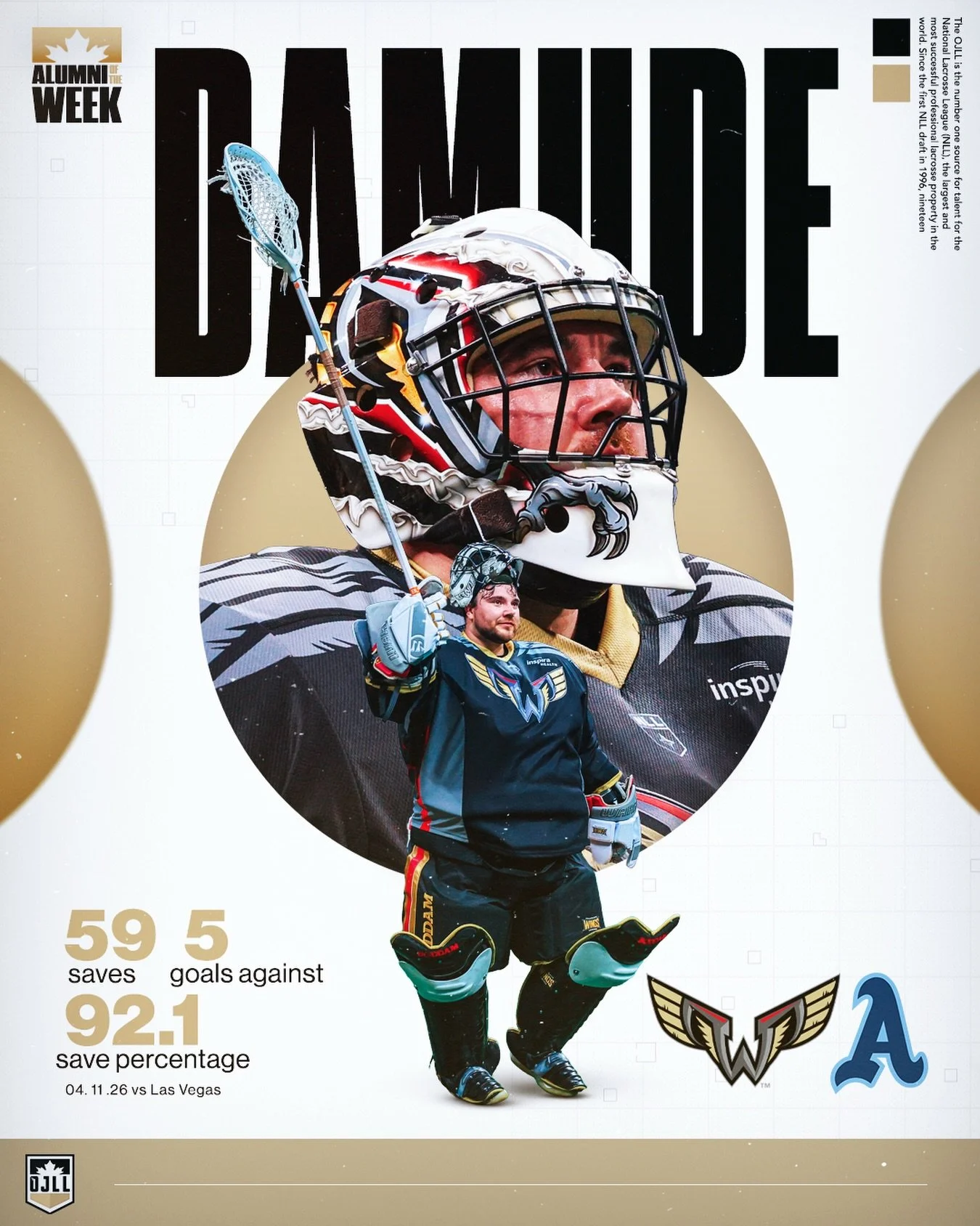 Our Alumni of the Week for Week 20 goes to @nick_damude of the @nllwings 🧱

The @athleticsjra product had a historic night for his squad, setting a franchise record in saves while only allowing five goals in what could be the last-ever game played i