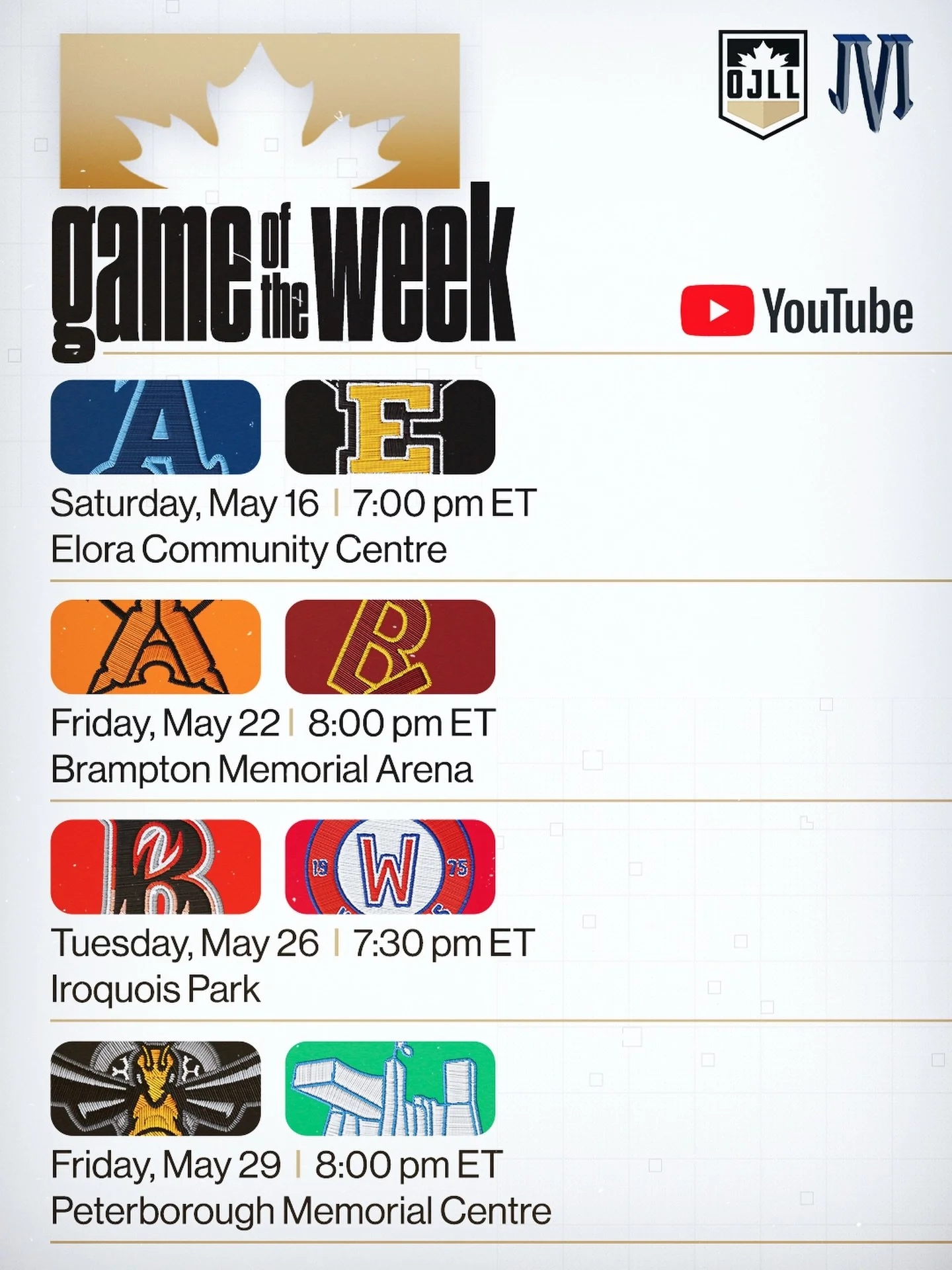 The OJLL Game of the Week returns this season to YouTube, with JVI streaming all summer! 📺

We&rsquo;ve got four games on the docket for May, starting tomorrow night, with the season opener between St. Catharines and Elora!
