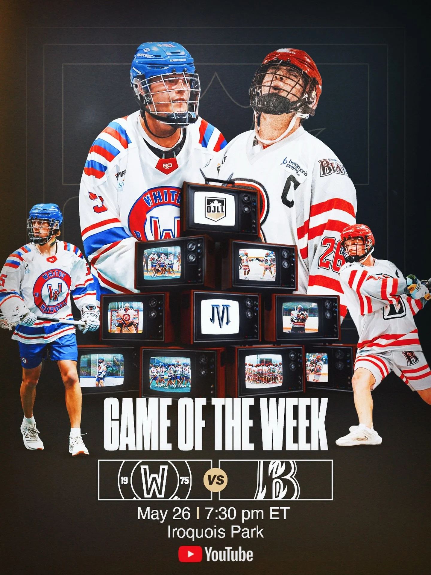 🚨GAME OF THE WEEK🚨

It&rsquo;s a showdown between @whitbywarriorsjra and @burlingtonjralax LIVE tonight on YouTube

📍 Iroquois Park
🕢 7:30 pm
📺 OJLL YouTube