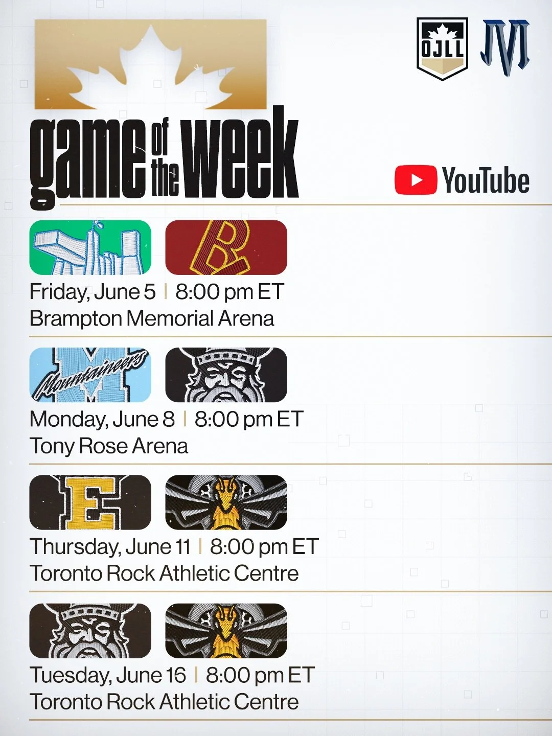 We&rsquo;ve got an action-packed slate for June on YouTube! 📺

Catch all eight games LIVE via JVI starting tomorrow night from Brampton