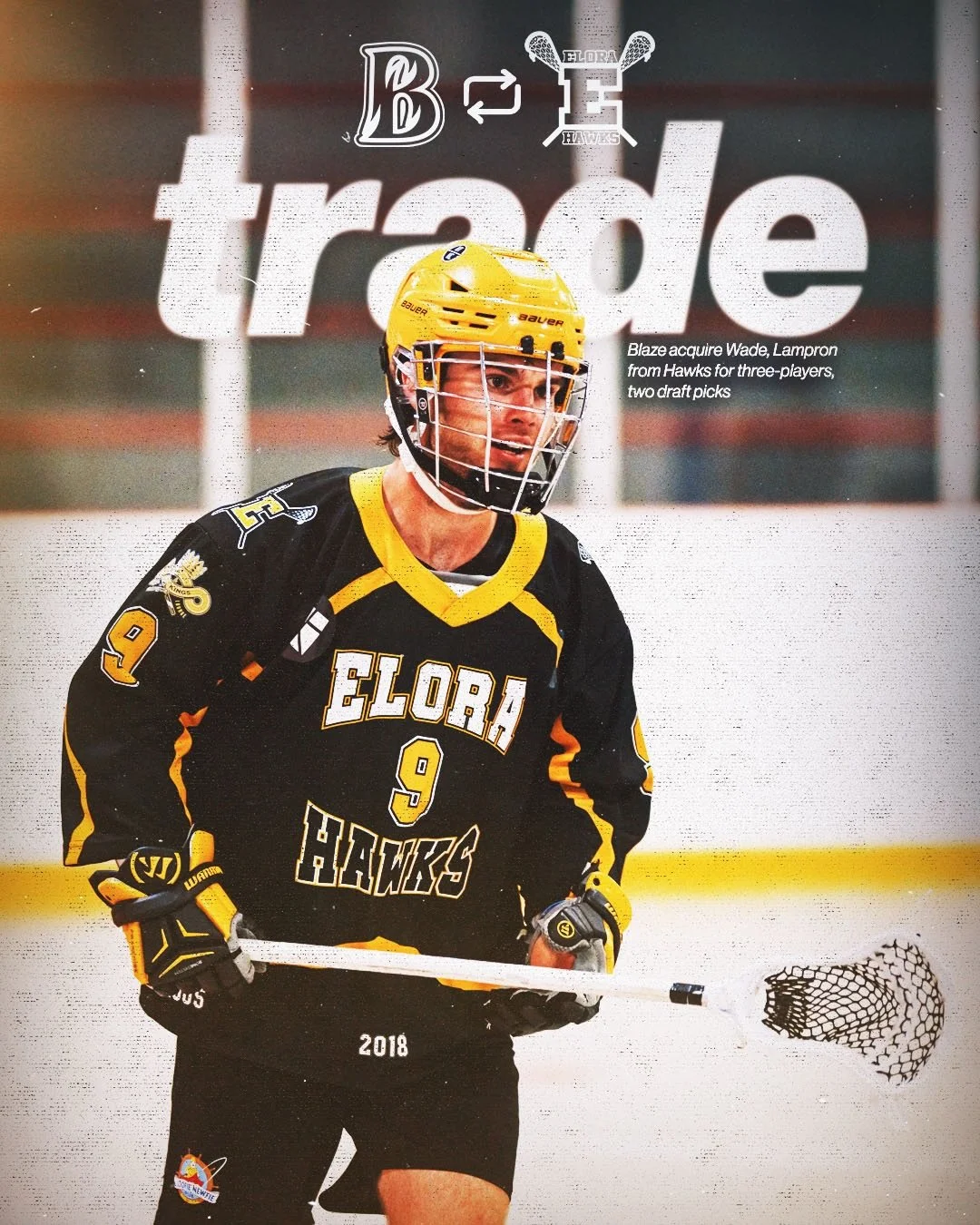 🚨TRADE🚨

@burlingtonjralax has acquired forwards Jeremiah Wade and Devin Lampron from @elorahawksjra 

In exchange, the Hawks received a pair of draft picks along with defenders Noah Cupples, Griffin Crowder, and Walker Zabransky