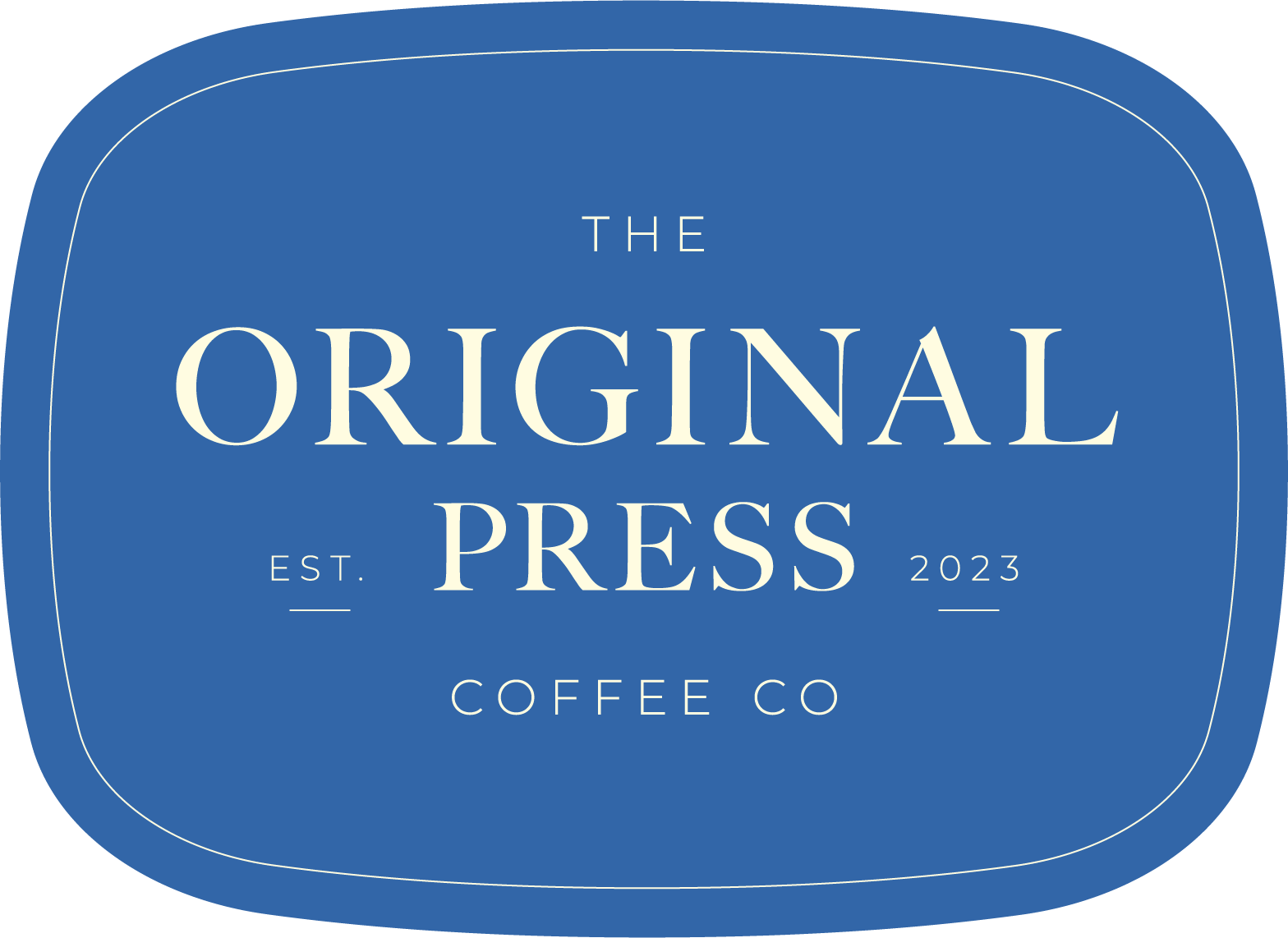 Logo of The Original Press Coffee Co. established in 2023, featuring a blue rounded square background with white text.
