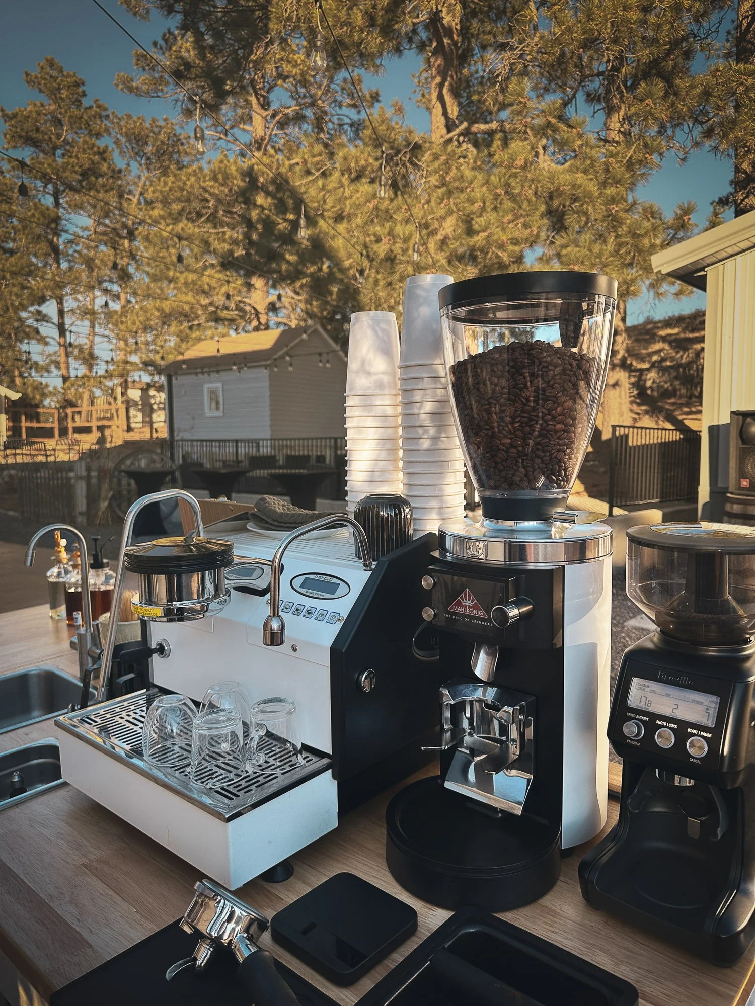 Outdoor coffee setup with a coffee grinder filled with coffee beans, a scale, and cups on a wooden table, surrounded by trees and string lights.