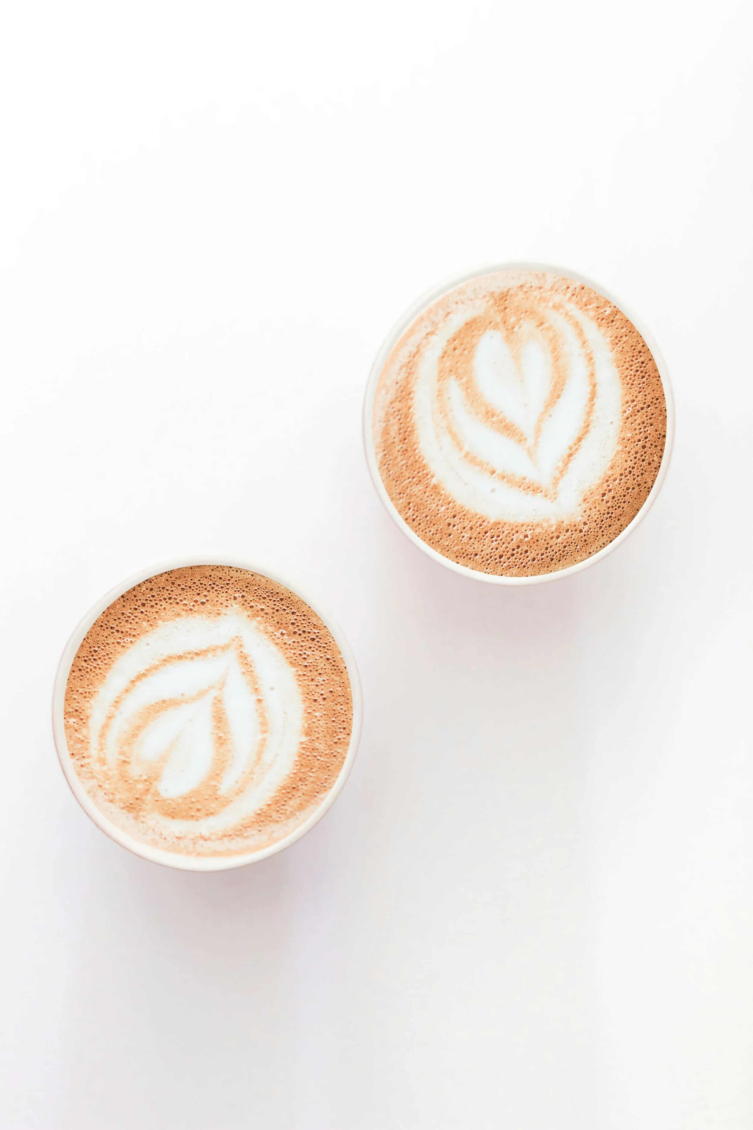 Two cups of coffee with latte art in leaf shapes on a white background.
