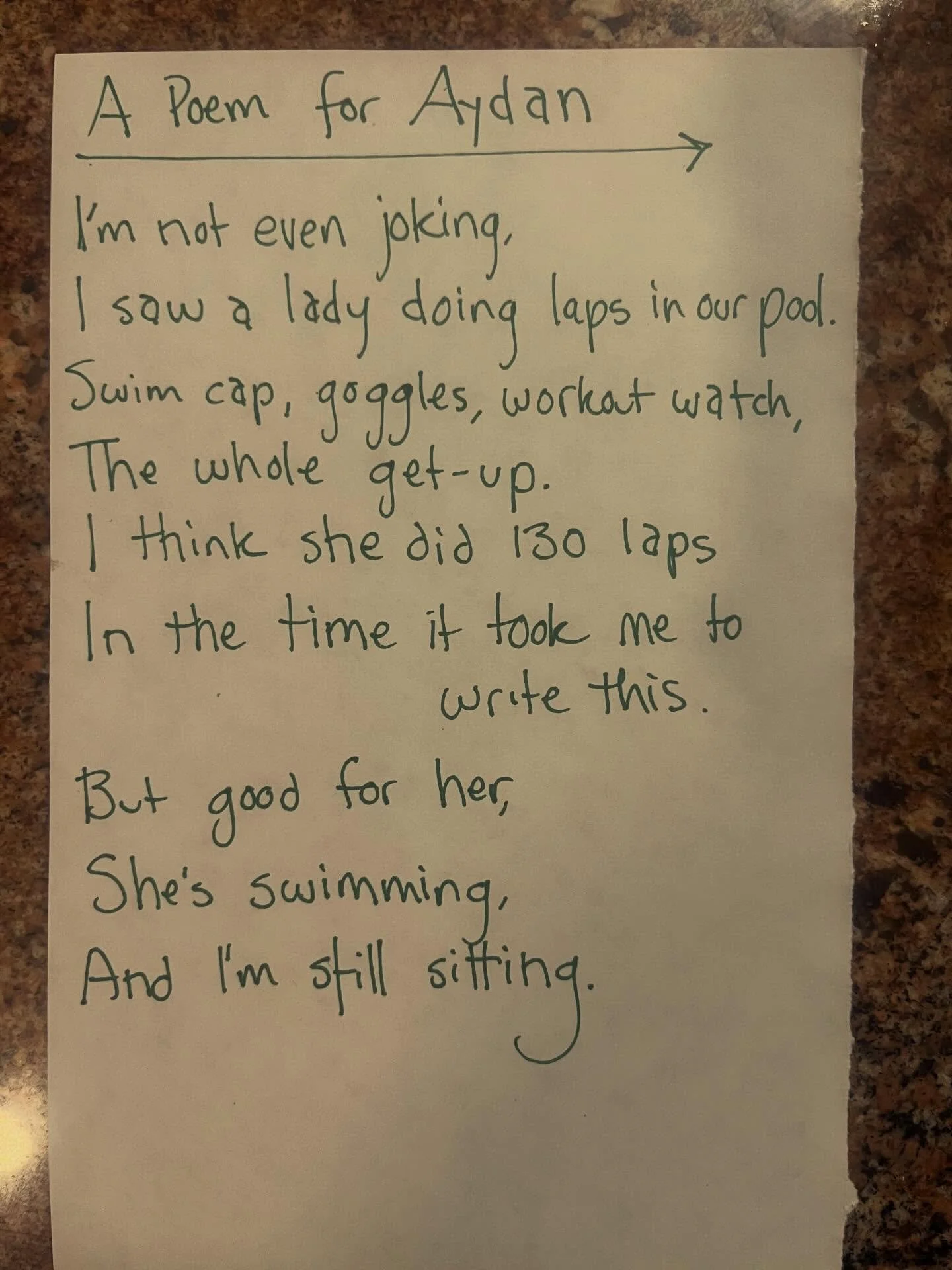 The pool in our neighborhood is very small. Seeing a lady swimming laps reminded me to the Will Ferrell / Jim Carrey hot tub skit on SNL.

#lunchpoems
#poetry
#tinypool