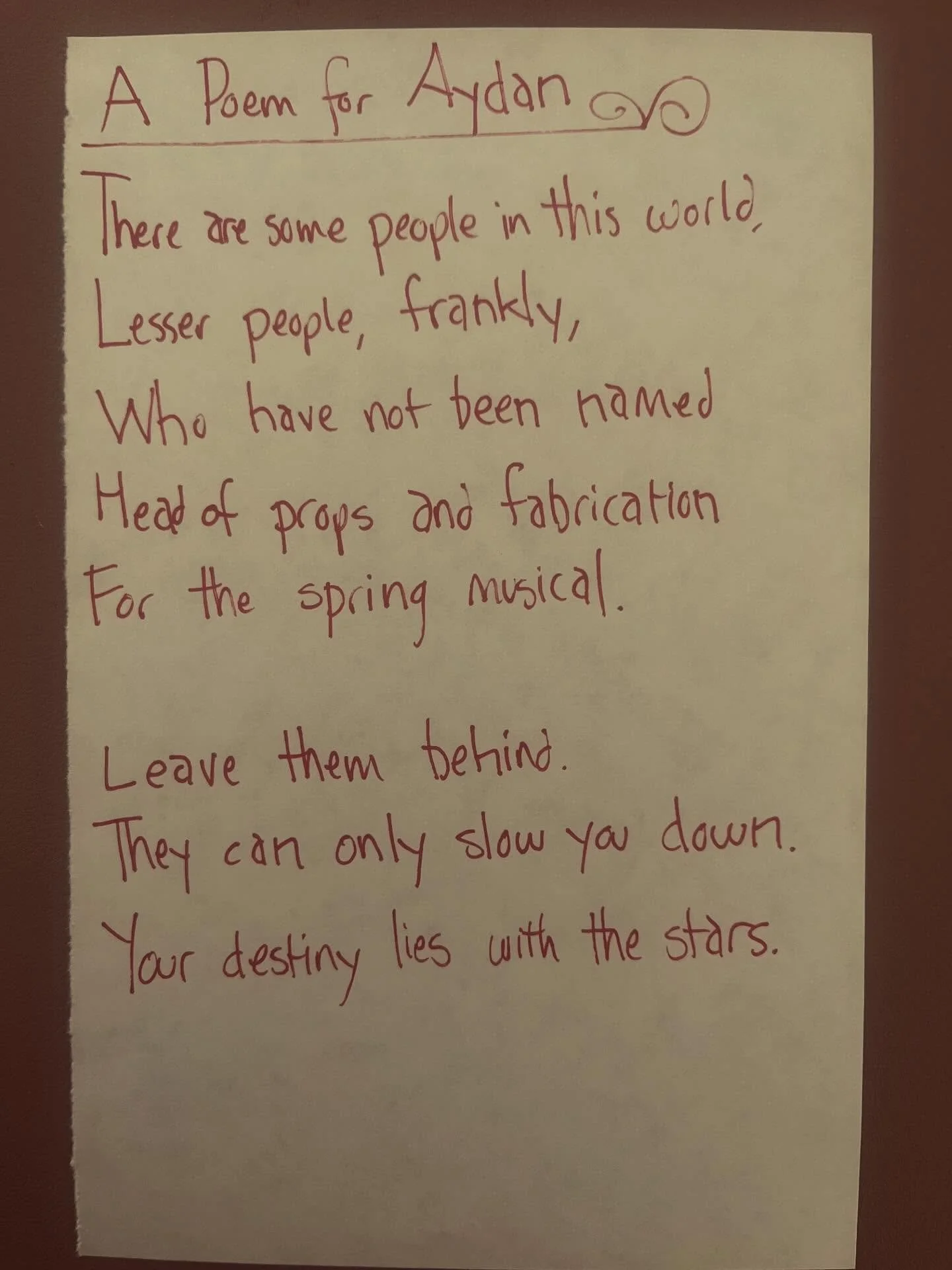 Aydan is the head of props and fabrication for the spring musical. She insists it&rsquo;s not a big deal so naturally I have to pretend it&rsquo;s a huuuuuge deal. 

#lunchpoems
#poetry
#highschoolmusical