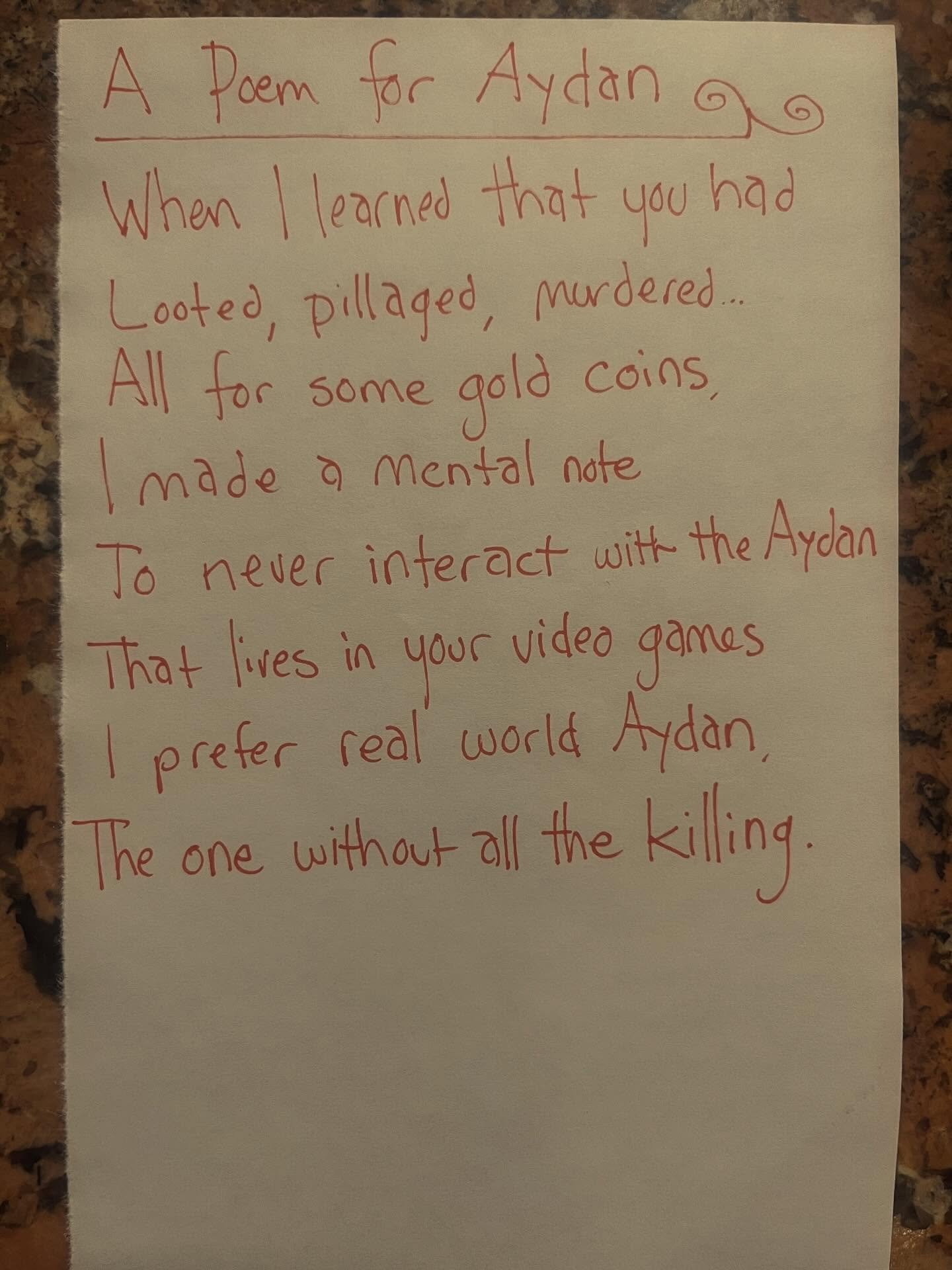 Aydan has a few video games that she&rsquo;s super into, including Assassins Creed.

#lunchpoems
#poetry
#videogames