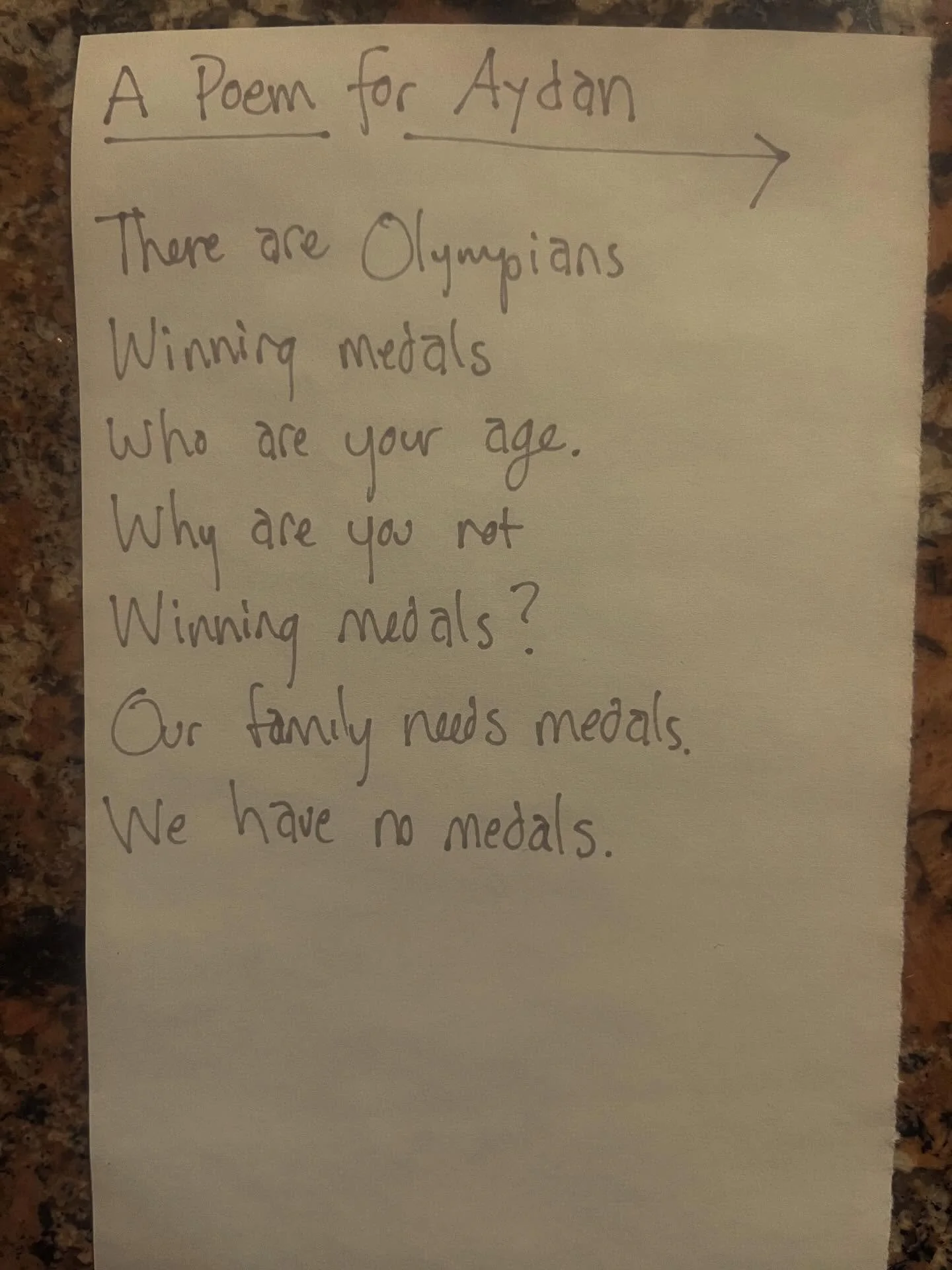 So far Aydan has won zero Olympic medals.

#lunchpoems
#poetry
#familyshame