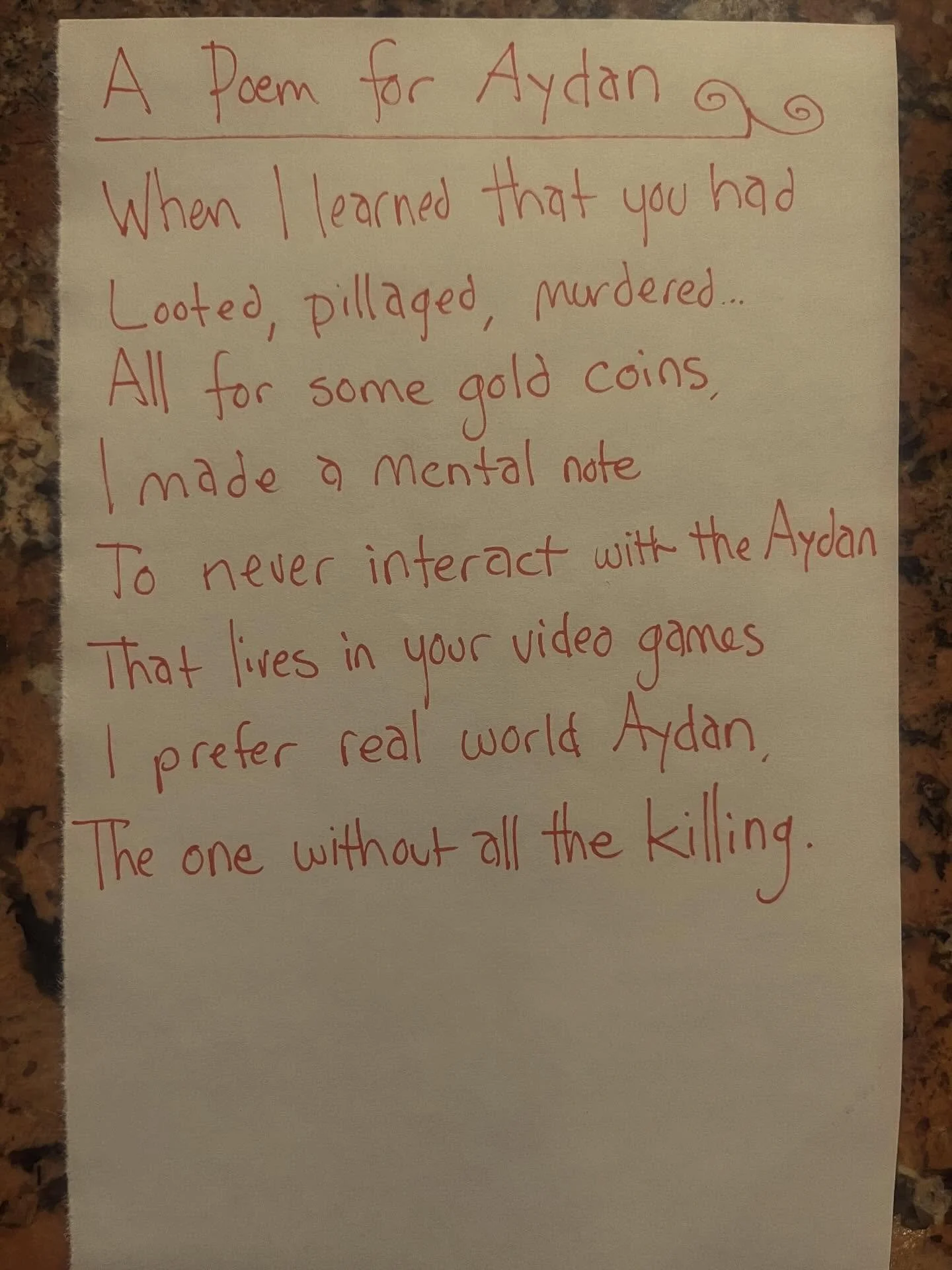 Aydan has a few video games that she&rsquo;s super into, including Assassins Creed.

#lunchpoems
#poetry
#videogames