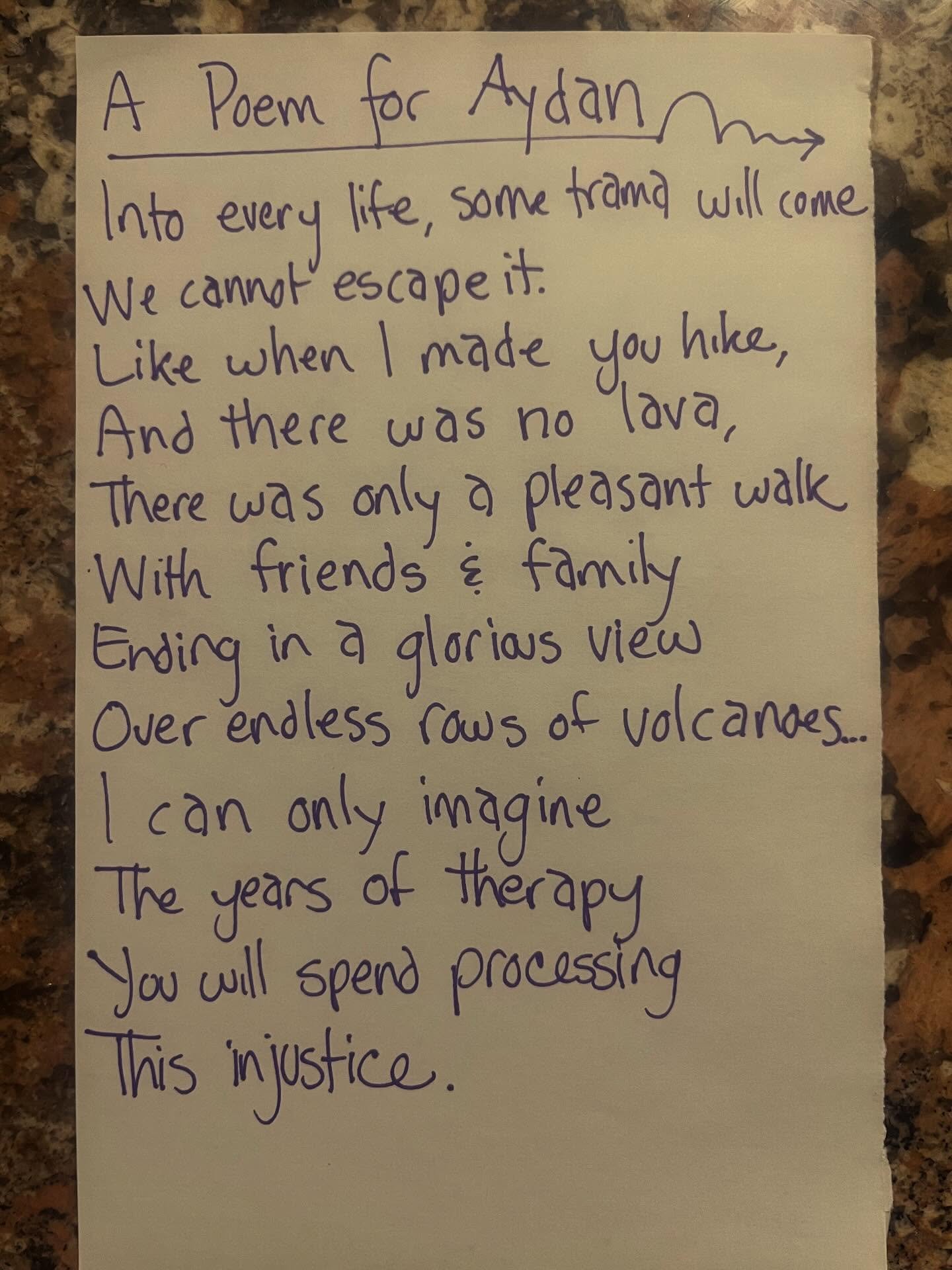 Aydan still talks about how terrible this day was, over a year later. 

#lunchpoems
#poetry
#hiking
#trauma