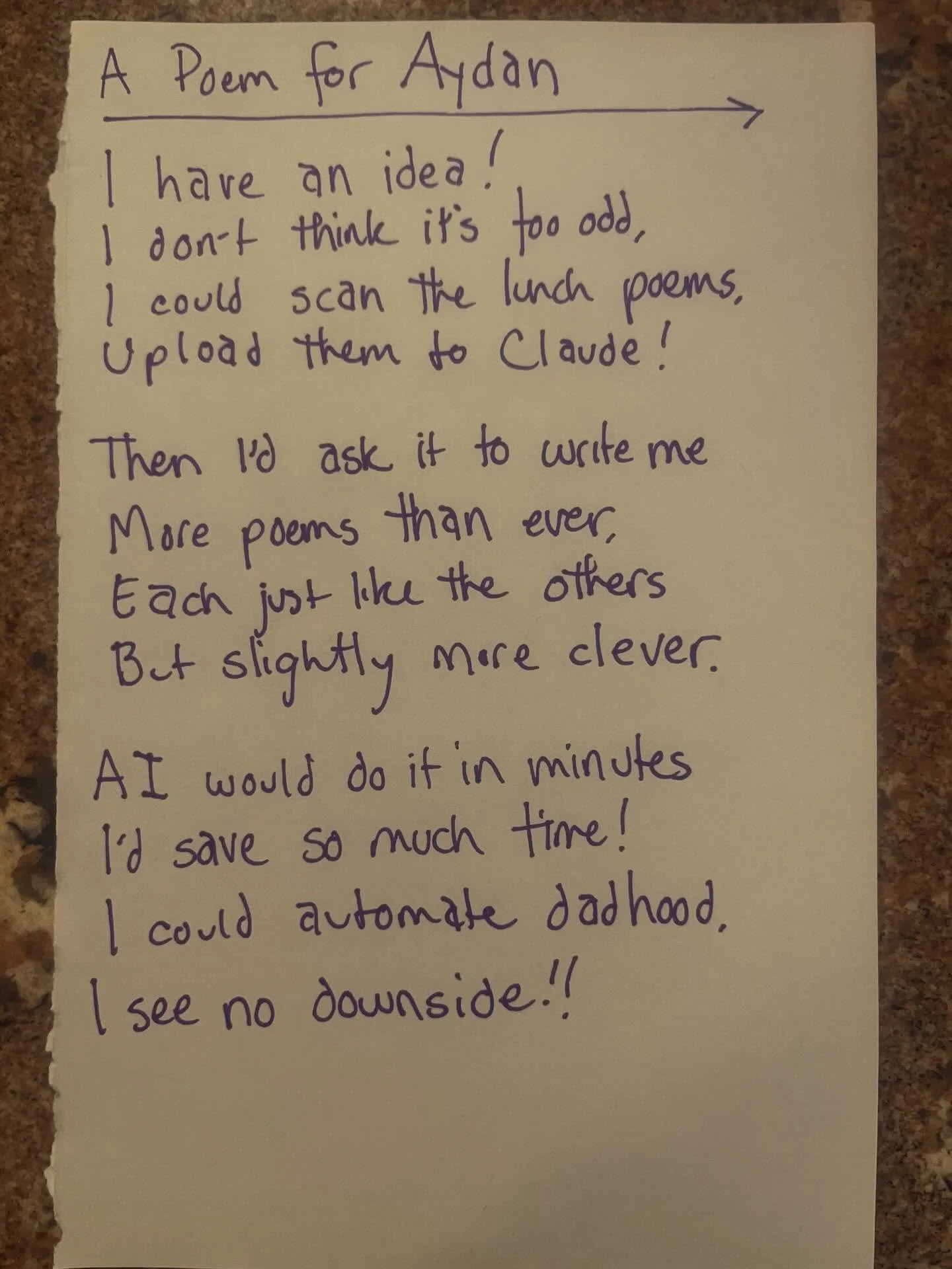 Automating raising children! Brilliant idea, I&rsquo;ll get to work on it. 

#lunchpoems
#poetry
#AI