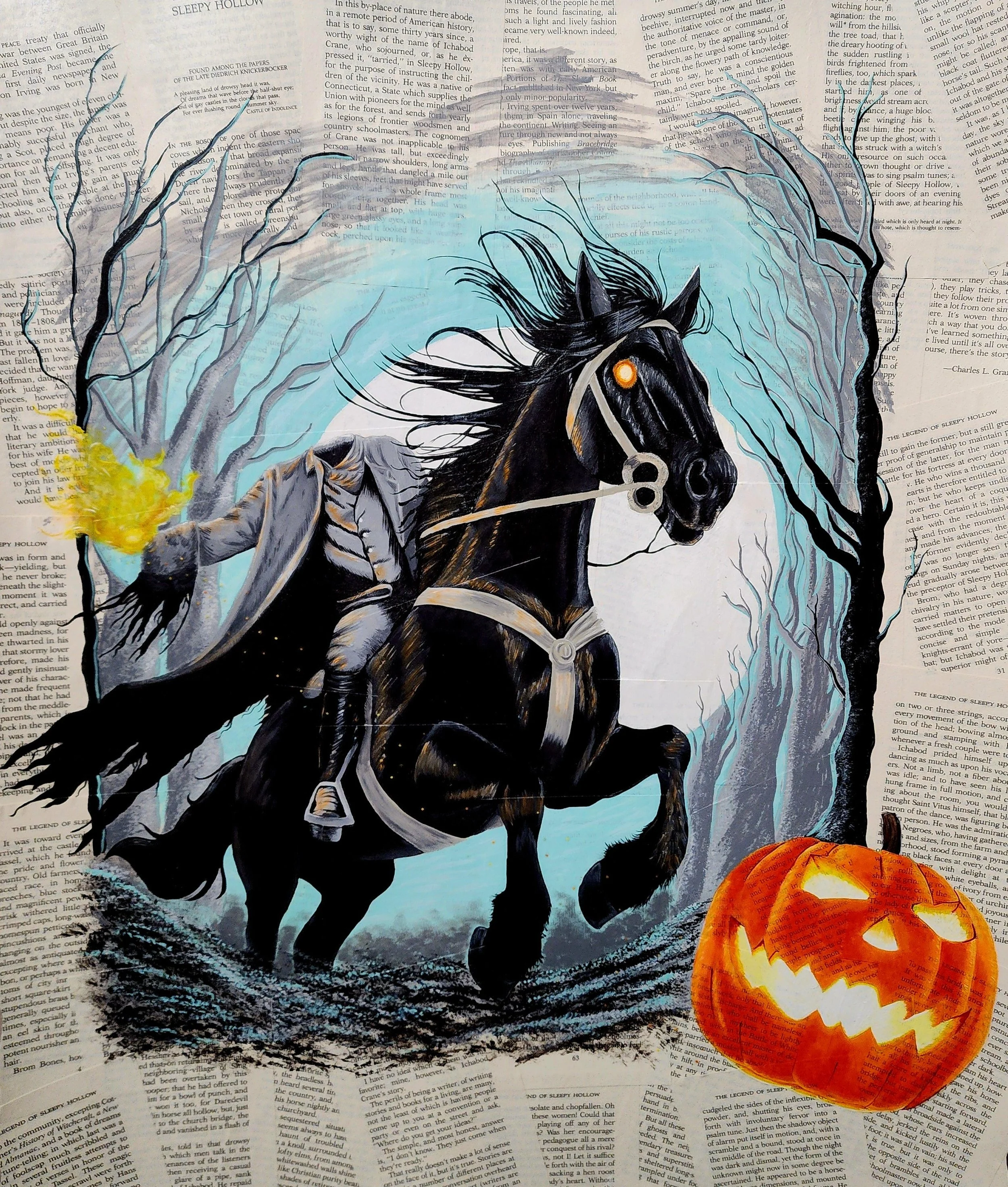 Original mixed media Headless Horseman artwork inspired by The Legend of Sleepy Hollow, created for an independent feature film.