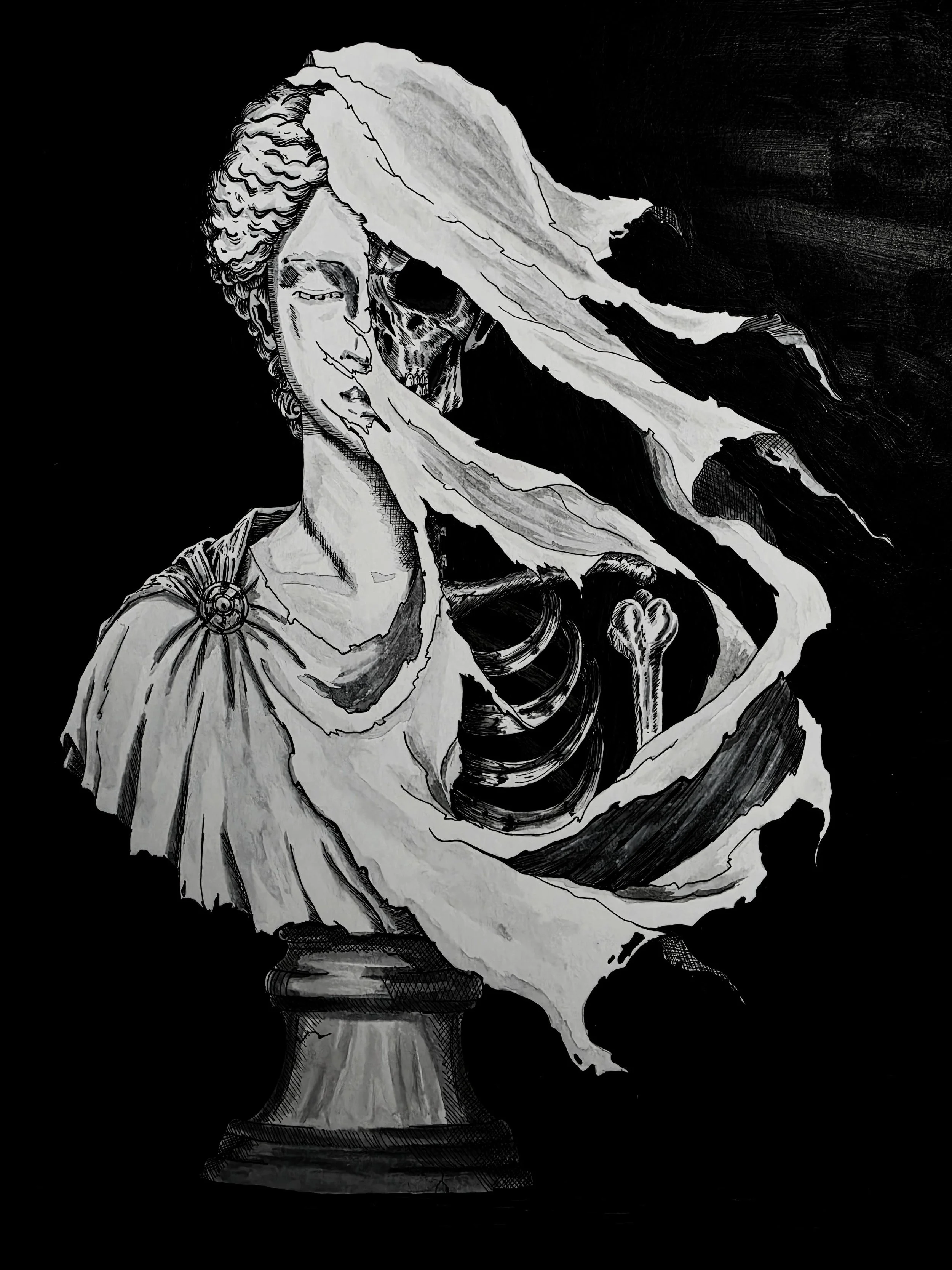 Gone, an original mixed media painting by Natalie Lodato featuring a fractured classical bust revealing a human skeleton beneath flowing fabric.